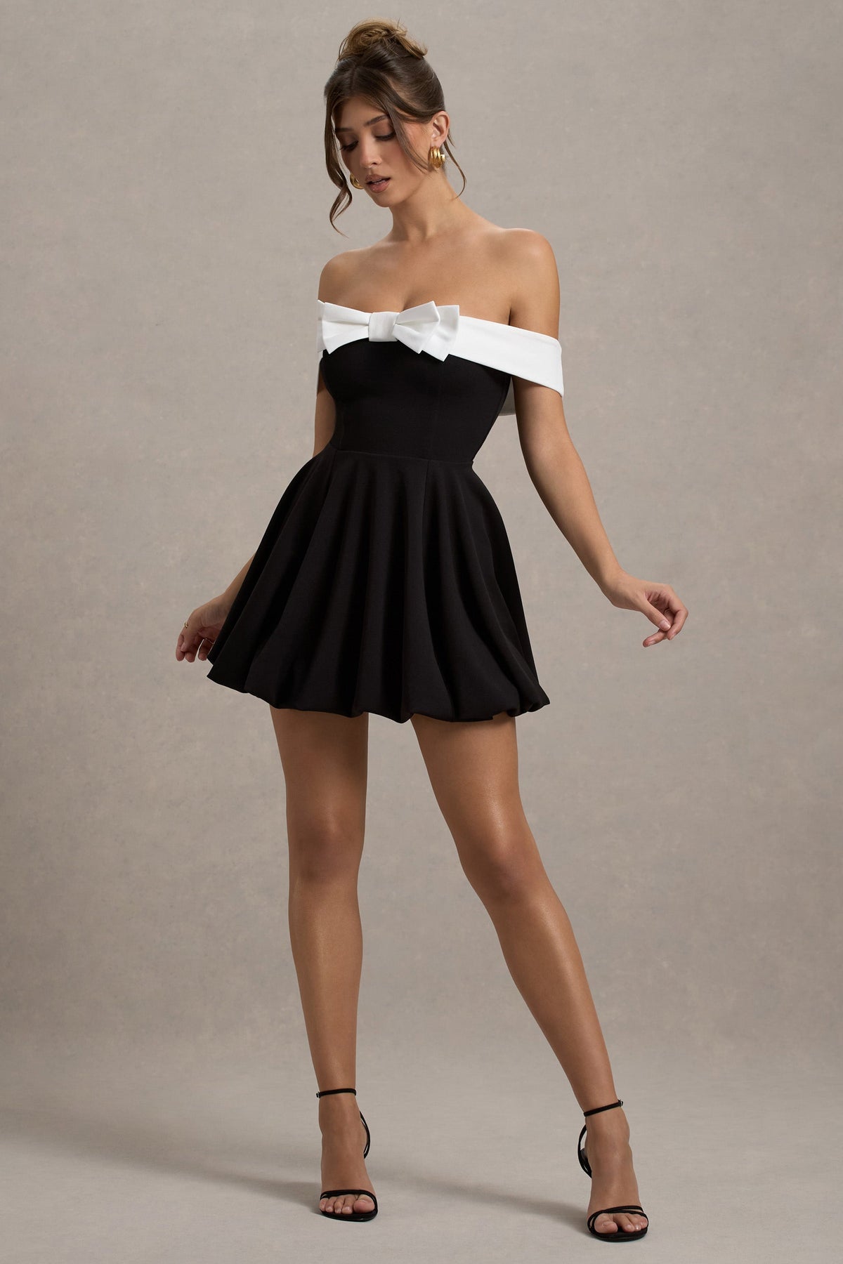 black dress white bow Minimoiselle | Black & White Bow Bardot Mini Dress With Puff-Ball Skirt