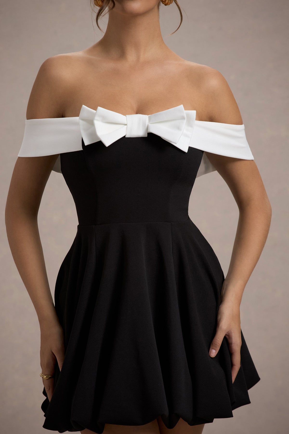 Minimoiselle Black & White Bow Bardot Mini Dress With Puff-Ball Skir Club L London - USA Minimoiselle Black & White Bow Bardot Mini Dress With Puff-Ball Skir Club L London - USA