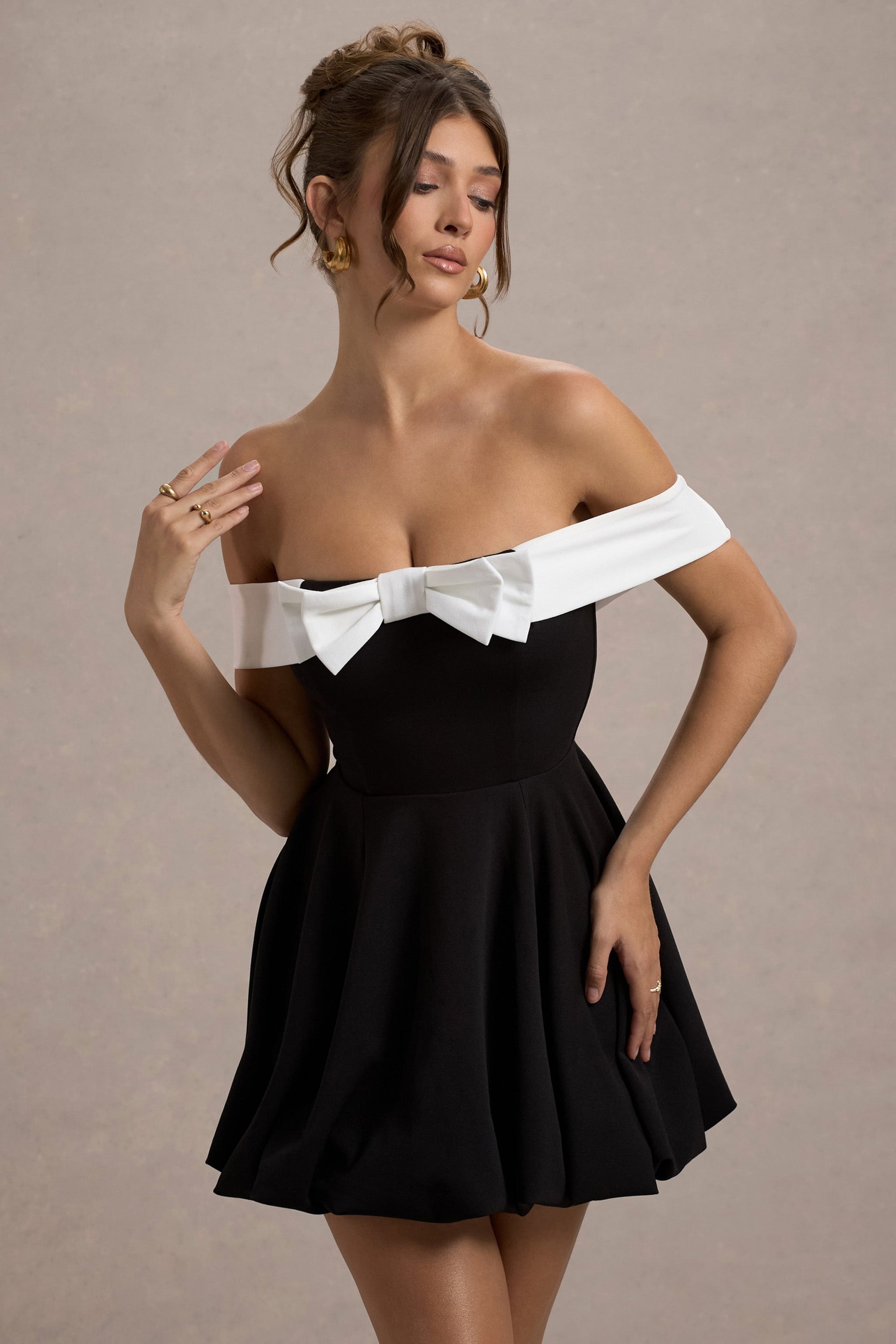 black mini dress with white bows Kylie Bow Mini Dress Shop American Threads Women's Trendy Online Boutique Black/White / M