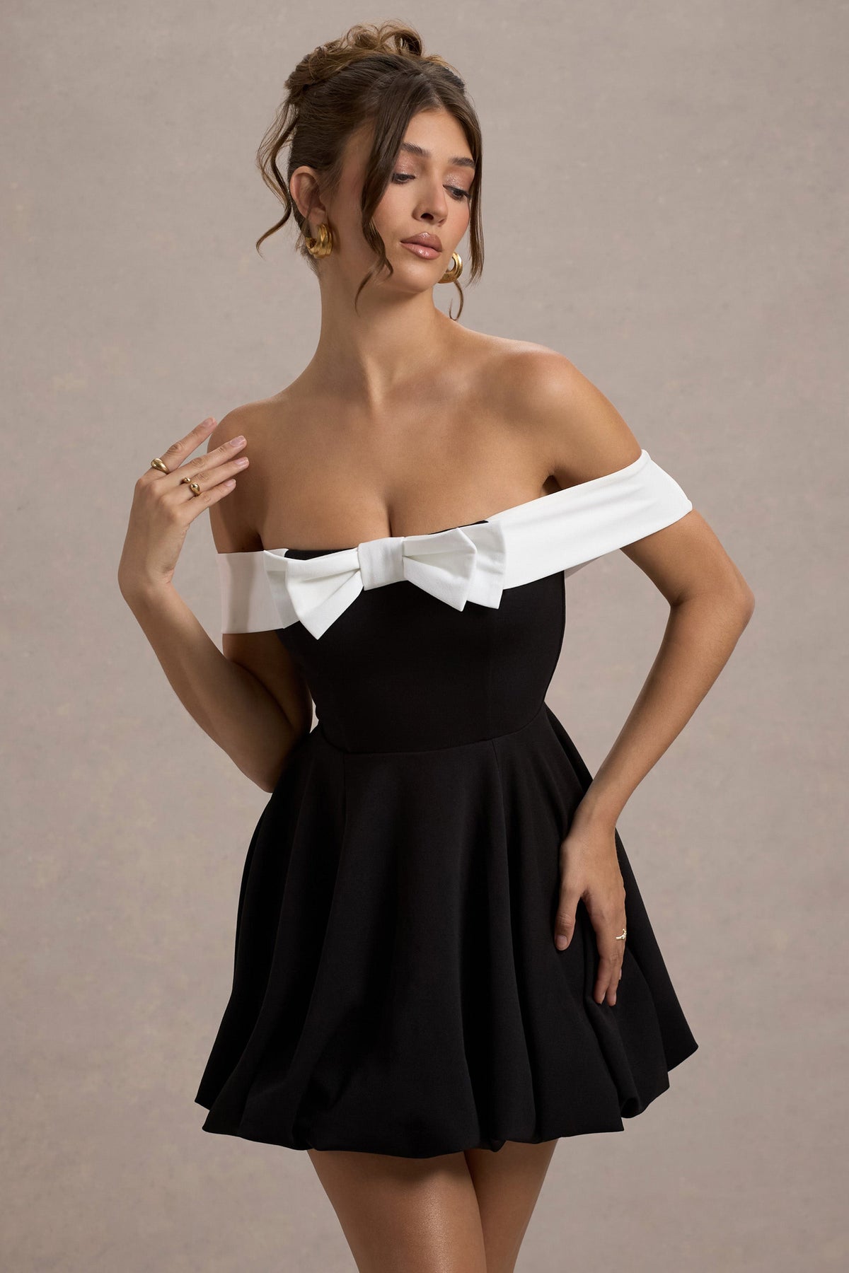 Minimoiselle Black & White Bow Bardot Mini Dress With Puff-Ball Skir Club L London - USA Minimoiselle Black & White Bow Bardot Mini Dress With Puff-Ball Skir Club L London - USA