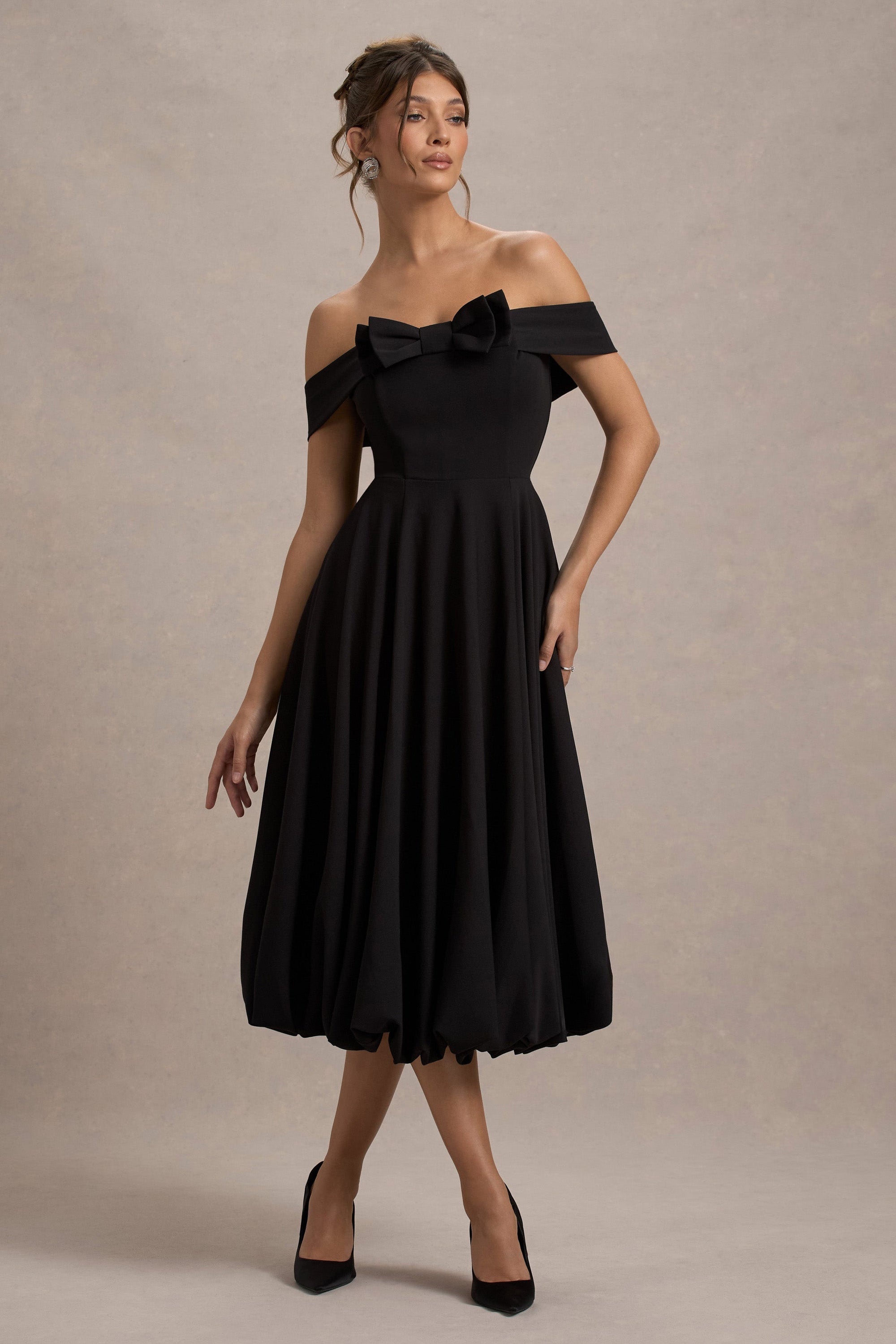 Calliopia |Vestido Midi Negro con escote  Bardot con Lazo y Falda Puffball