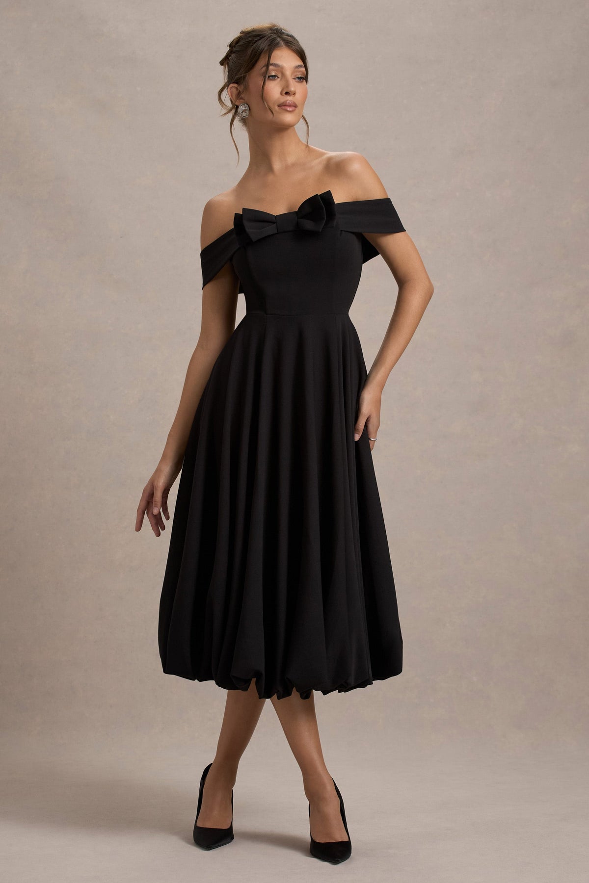 Calliopia Black Bow Bardot Midi Dress With Puff-Ball Skirt Club L London - USA Calliopia Black Bow Bardot Midi Dress With Puff-Ball Skirt Club L London - USA