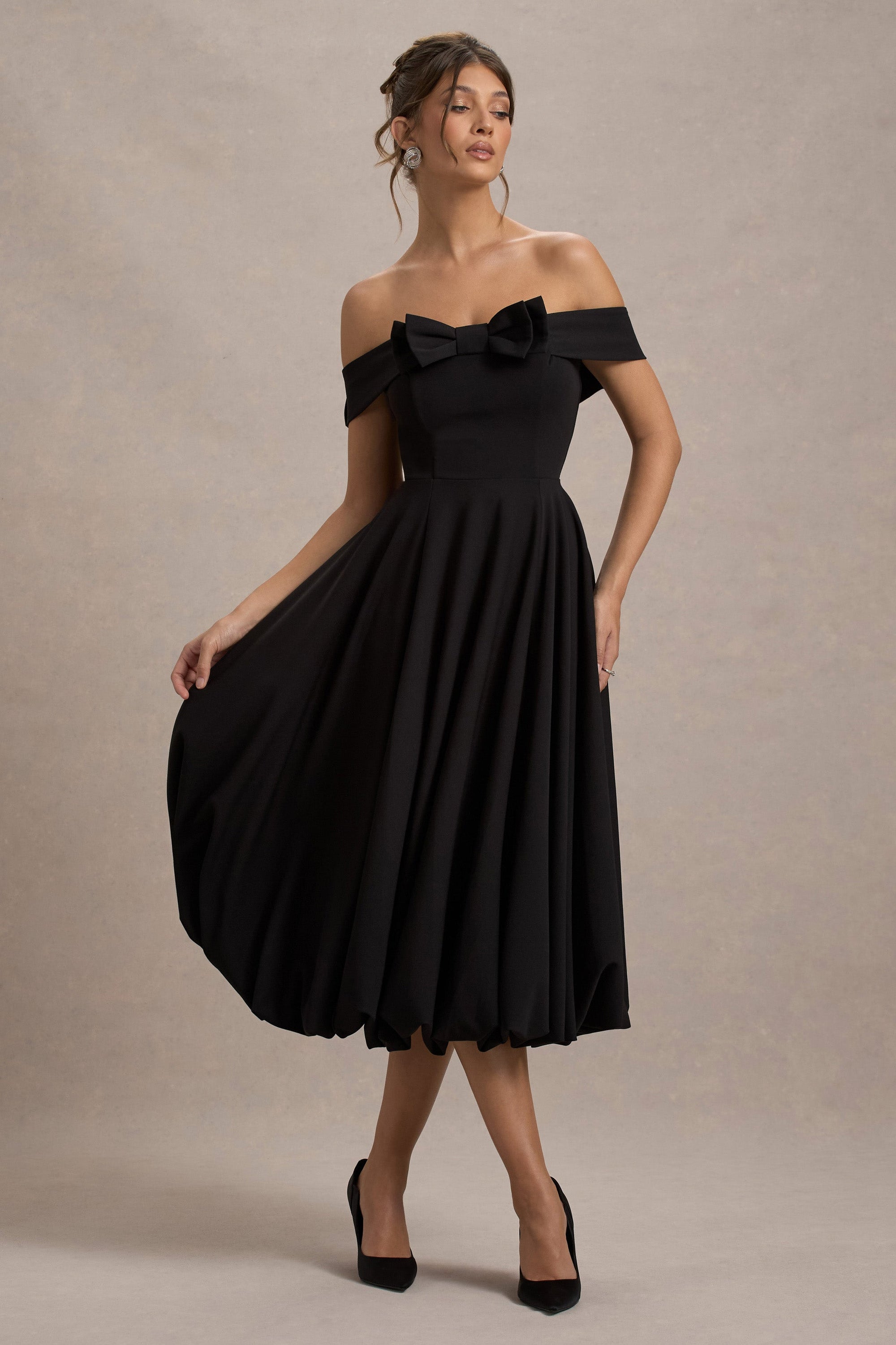 Calliopia |Vestido Midi Negro con escote  Bardot con Lazo y Falda Puffball
