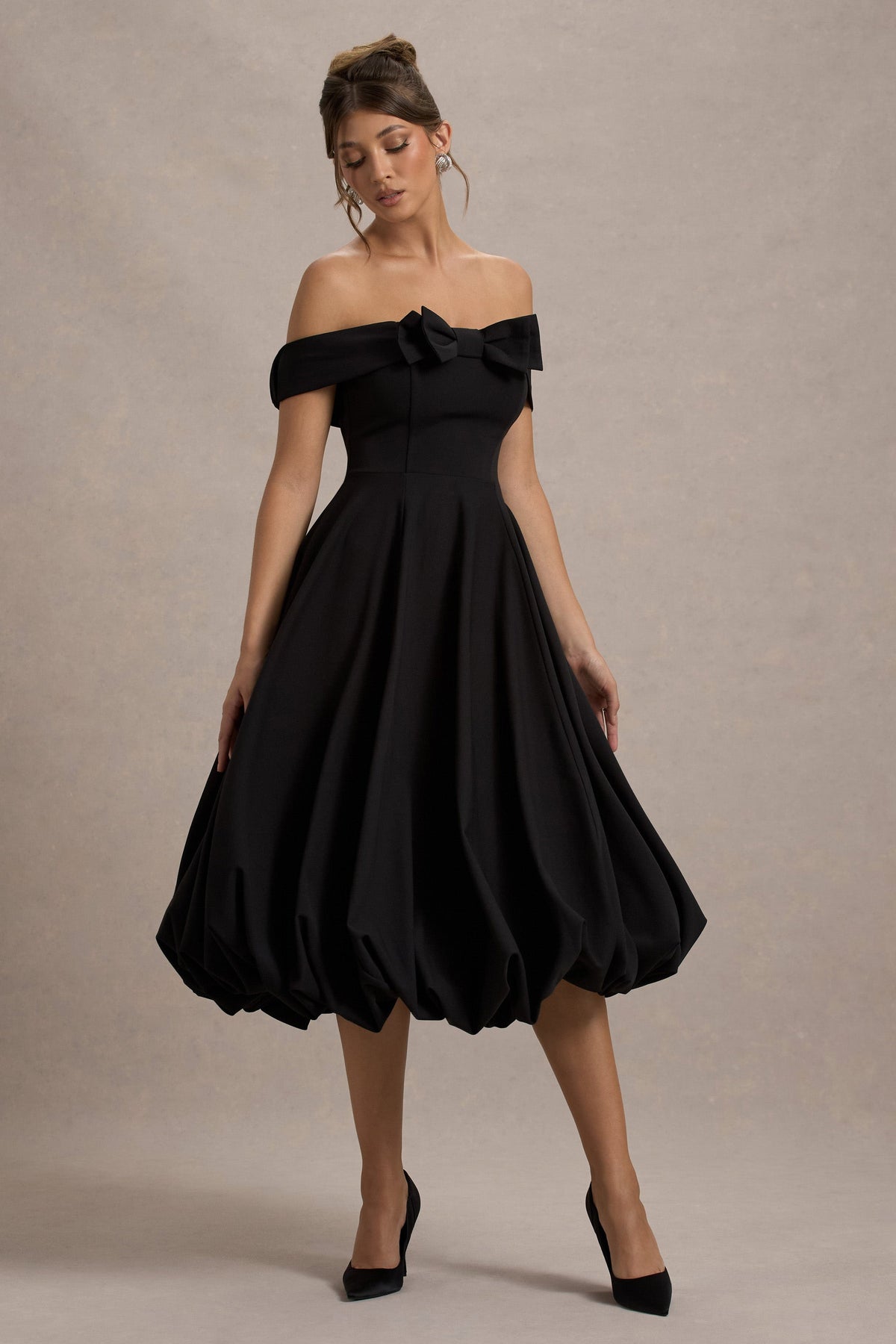 Calliopia Black Bow Bardot Midi Dress With Puff-Ball Skirt Club L London - USA Calliopia Black Bow Bardot Midi Dress With Puff-Ball Skirt Club L London - USA