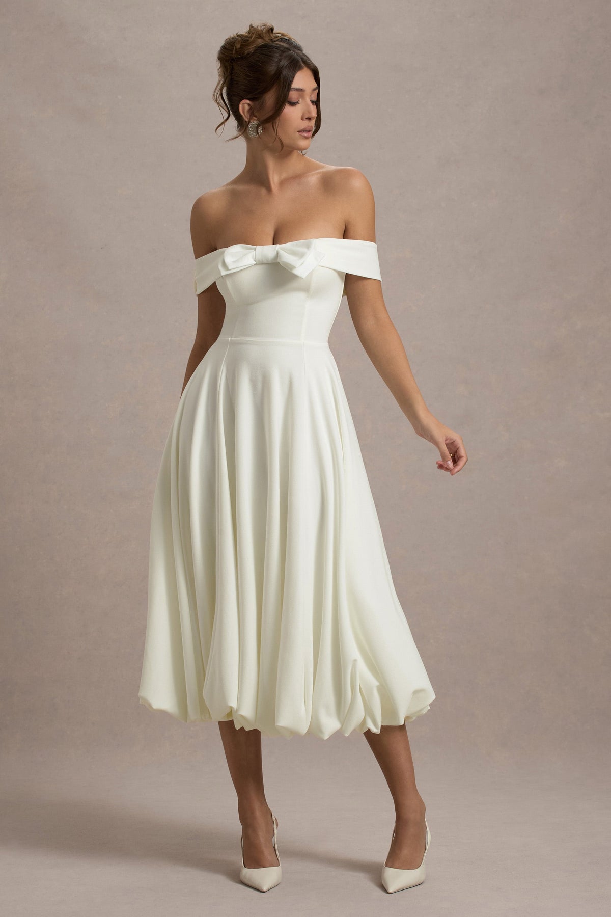 Calliopia Cream Bow Bardot Midi Dress With Puff-Ball Skirt – Club L ...