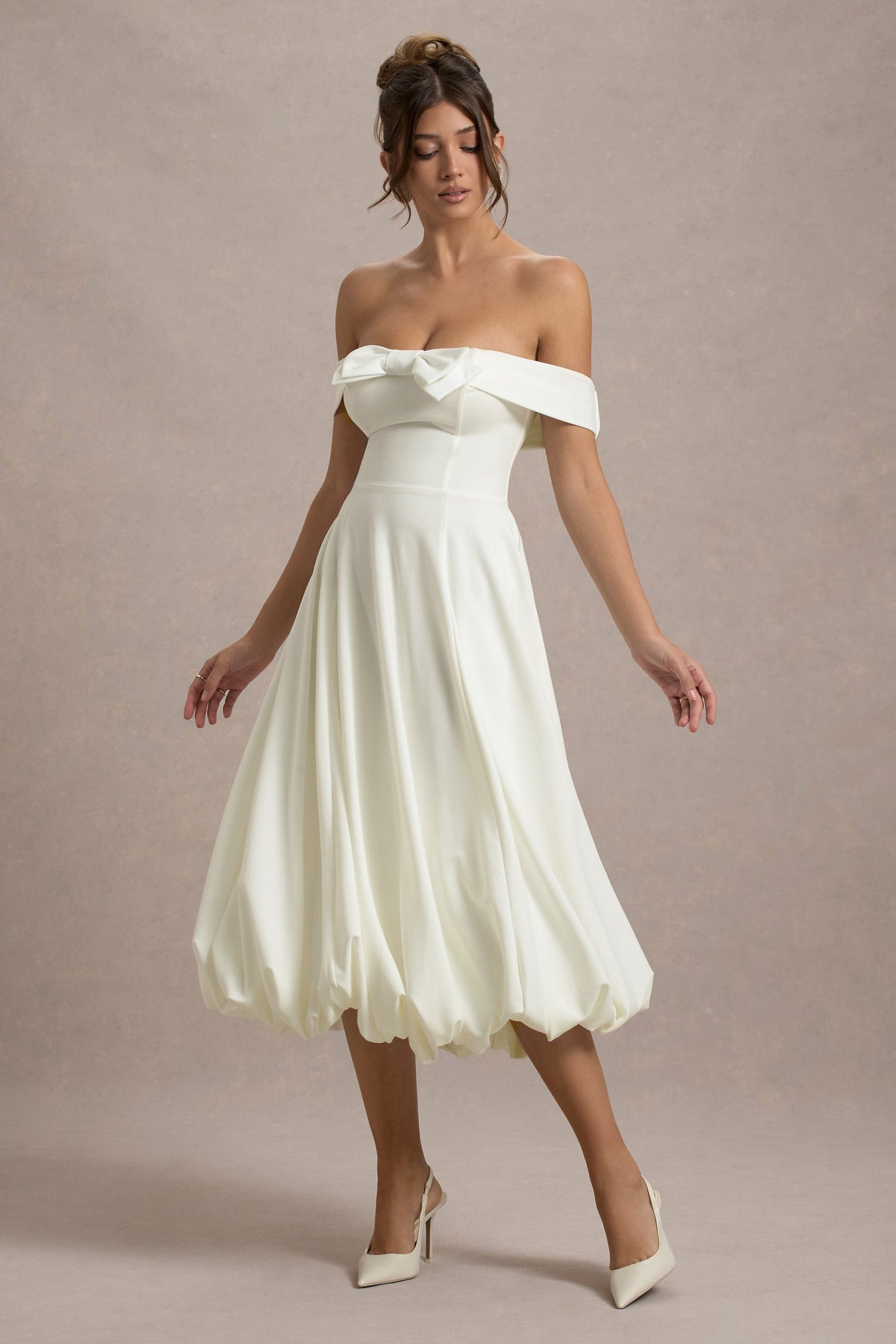 Calliopia Cream Bow Bardot Midi Dress With Puff-Ball Skirt – Club L ...