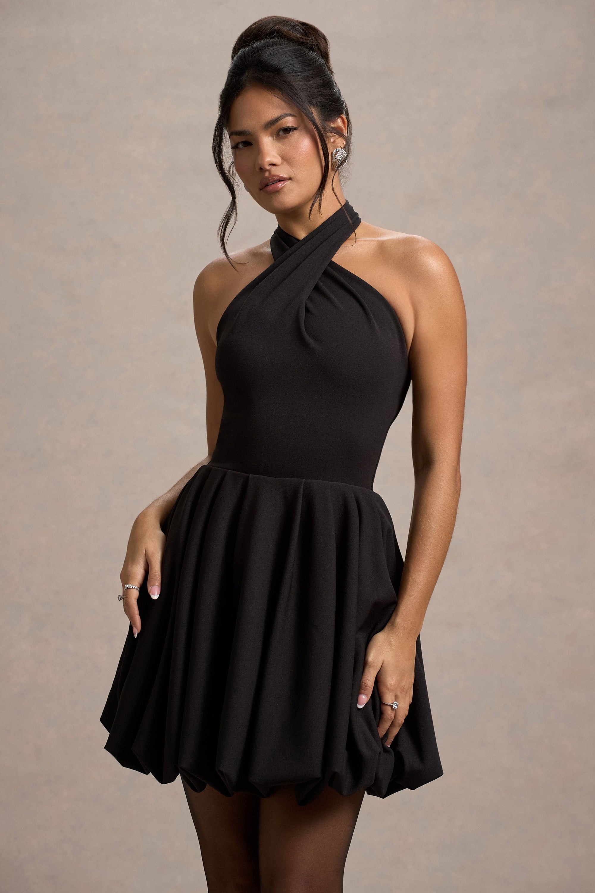 Klytie | Black Halter-Neck Mini Dress With Puff-Ball Skirt - Club L London - USA
