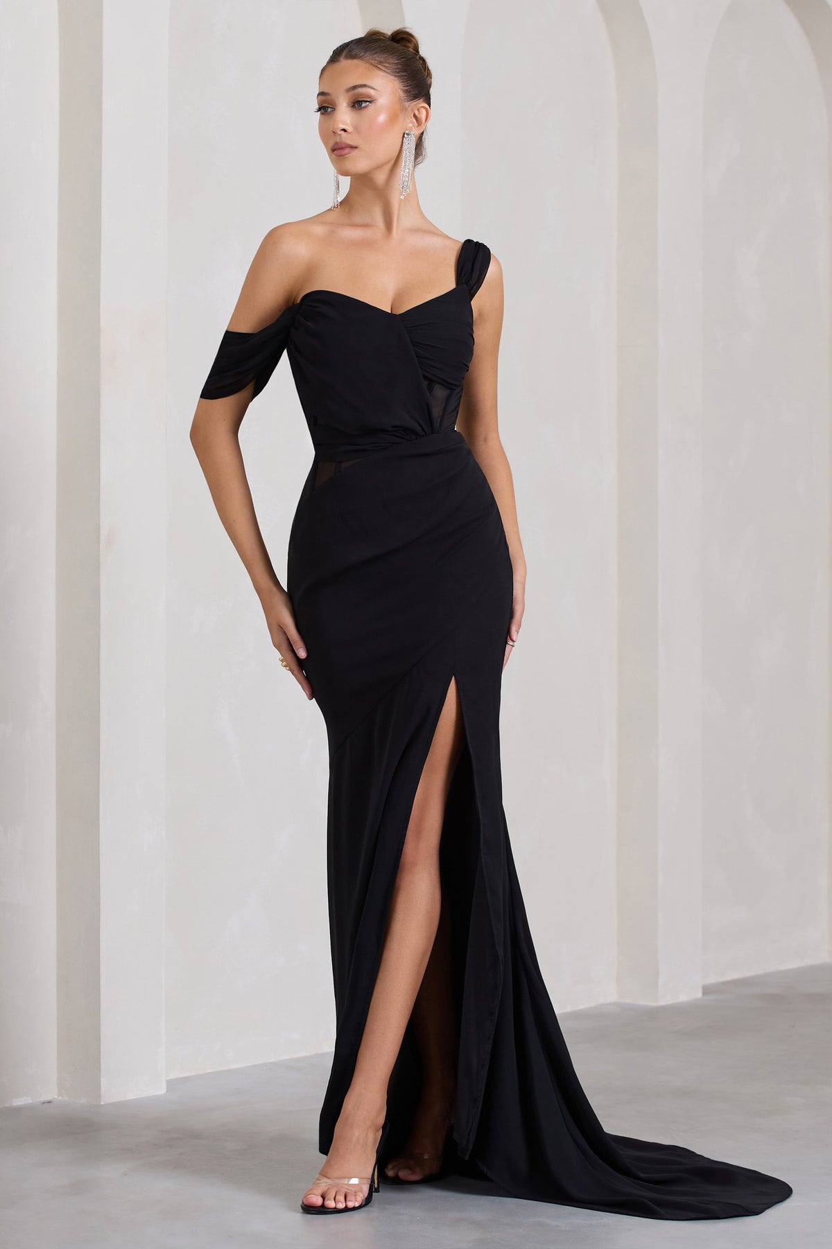 Fatal Attraction Black Chiffon Fishtail Maxi Dress With Draped Sleeves ...