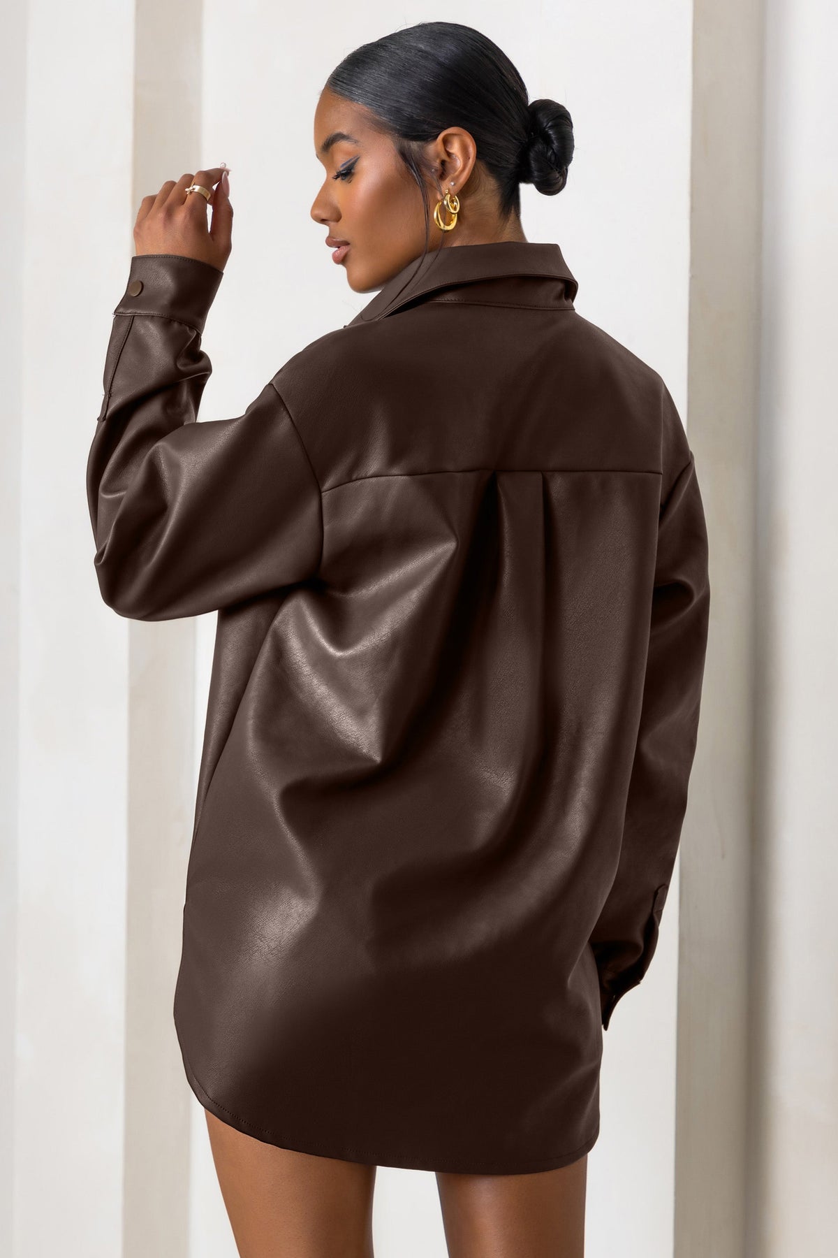 For Keeps Brown Faux Leather Oversized Utility Shirt – Club L