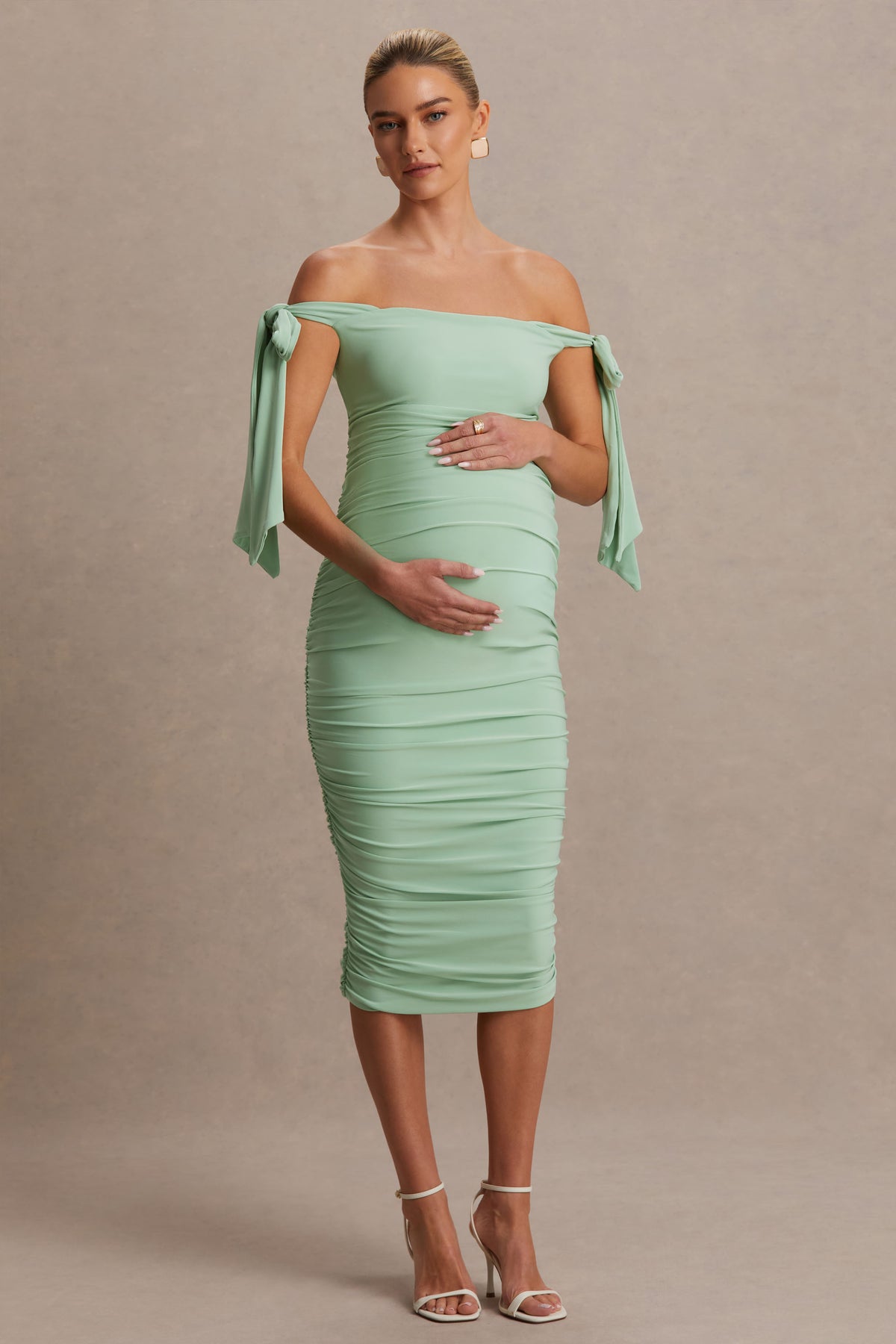 Chandelier | Light Green Bardot Maternity Midi Dress With Bow Details - UK 8 Light Green Chandelier | Light Green Bardot Maternity Midi Dress With Bow Details - UK 8 Light Green