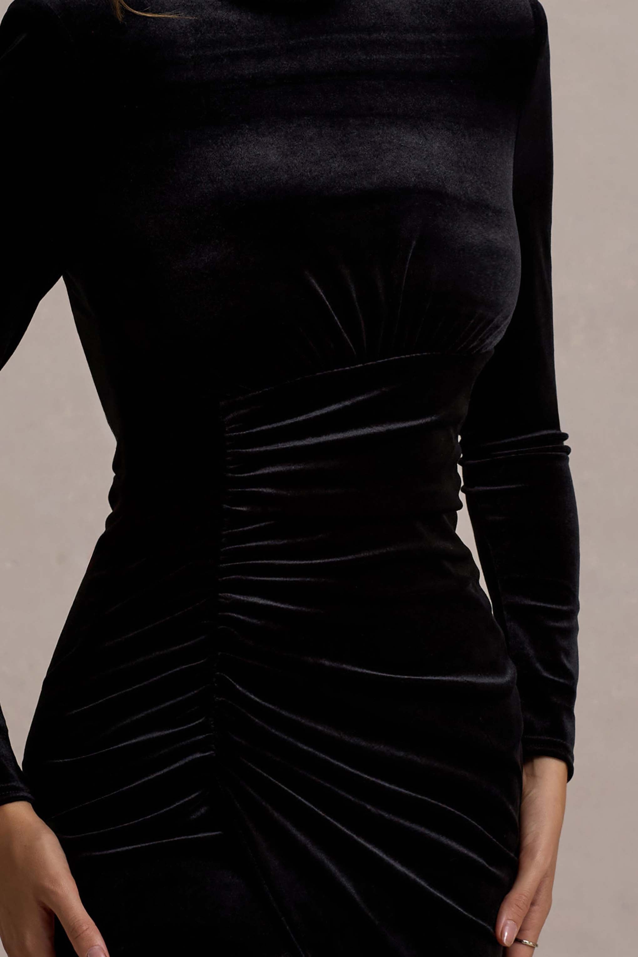 Jaz | Black Velvet High-Neck Gathered Split Maxi Dress – Club L