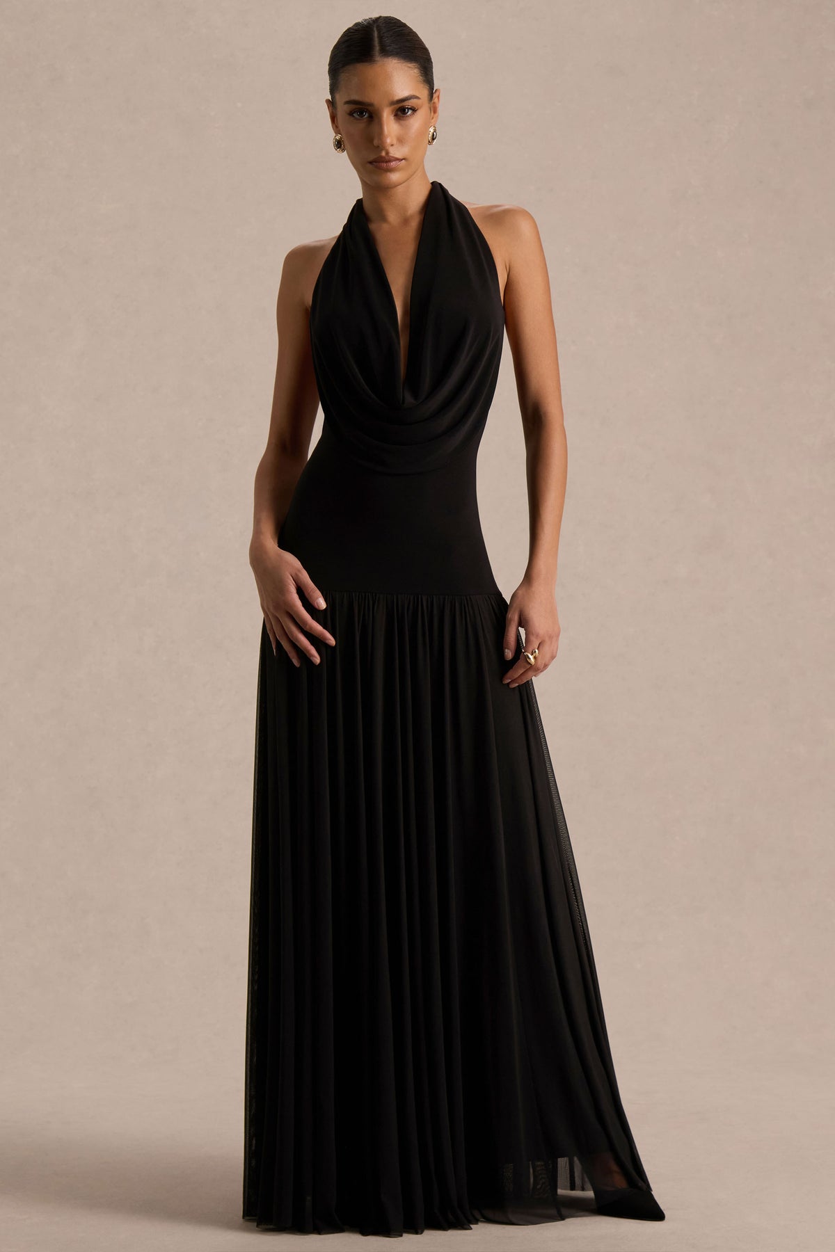 Verity Black Cowl-Neck Maxi Dress With Sheer-Skirt Club L London - USA Verity Black Cowl-Neck Maxi Dress With Sheer-Skirt Club L London - USA