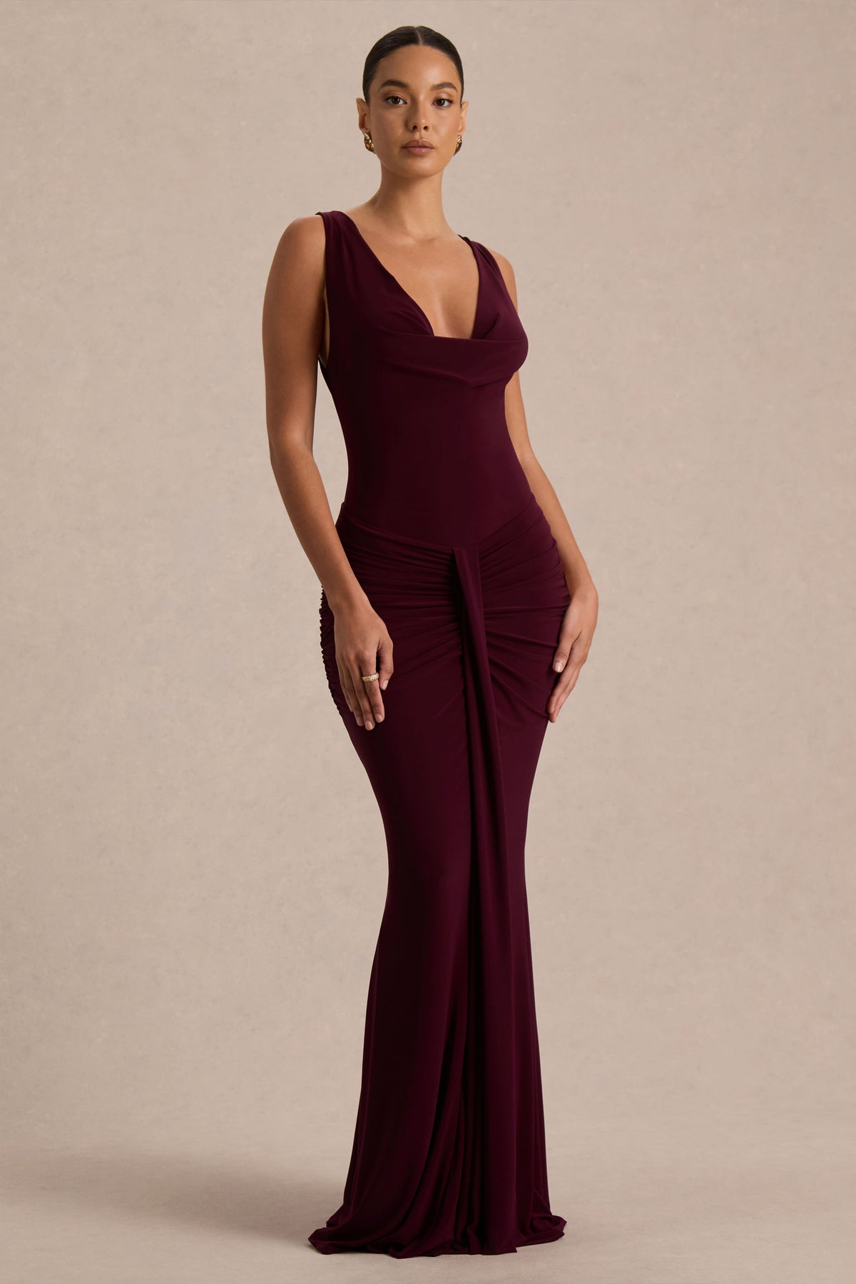 Mallie | Burgundy Cowl-Neck Maxi Dress with Open-Back and Gathered-Detailing - UK 12 Burgundy Mallie | Burgundy Cowl-Neck Maxi Dress with Open-Back and Gathered-Detailing - UK 12 Burgundy