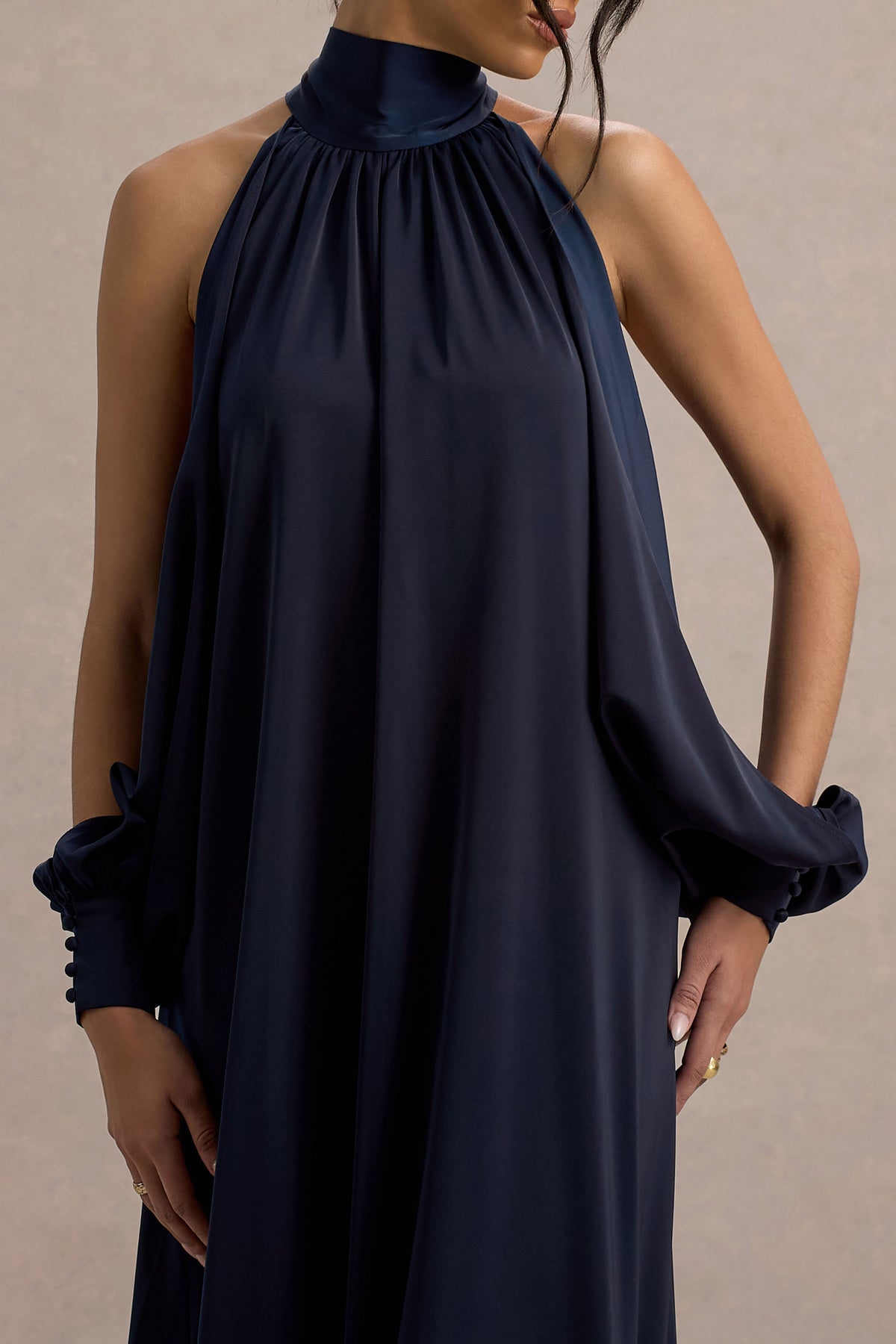 Baila Navy Satin High-Neck Cape-Sleeve Maxi Dress Club L London - USA Baila Navy Satin High-Neck Cape-Sleeve Maxi Dress Club L London - USA