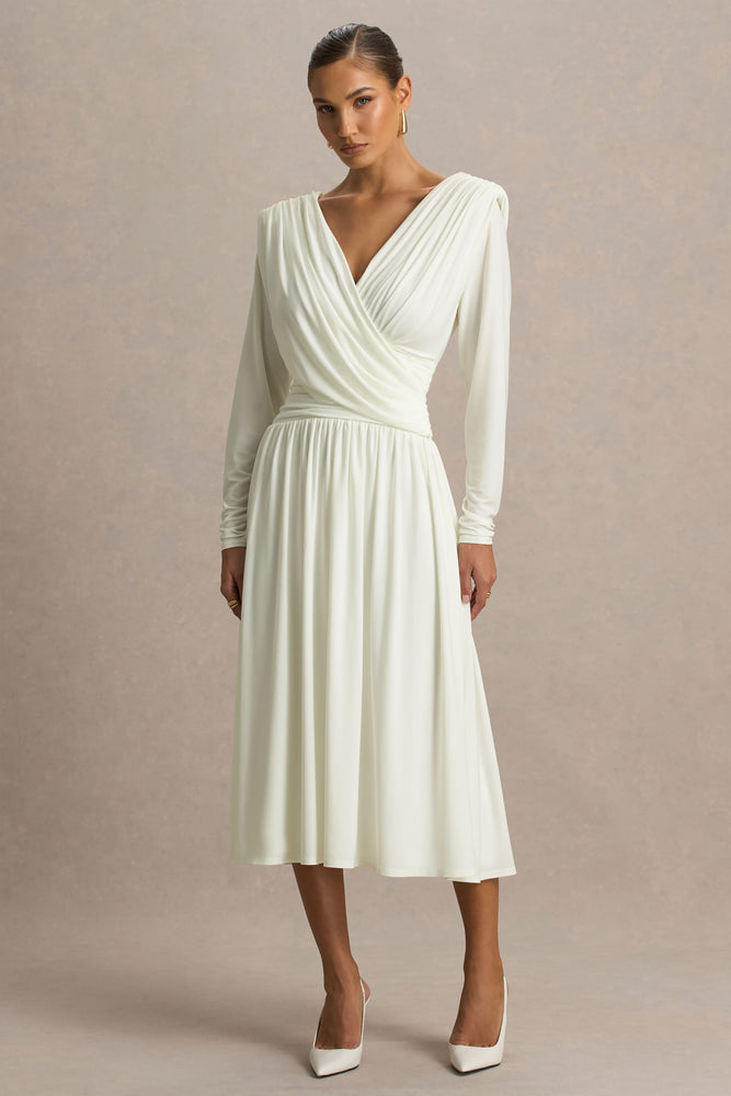 knee length dresses for ladies Alexis | Cream Plunge-Neck Midi Dress with Draped and Ruched Detailing