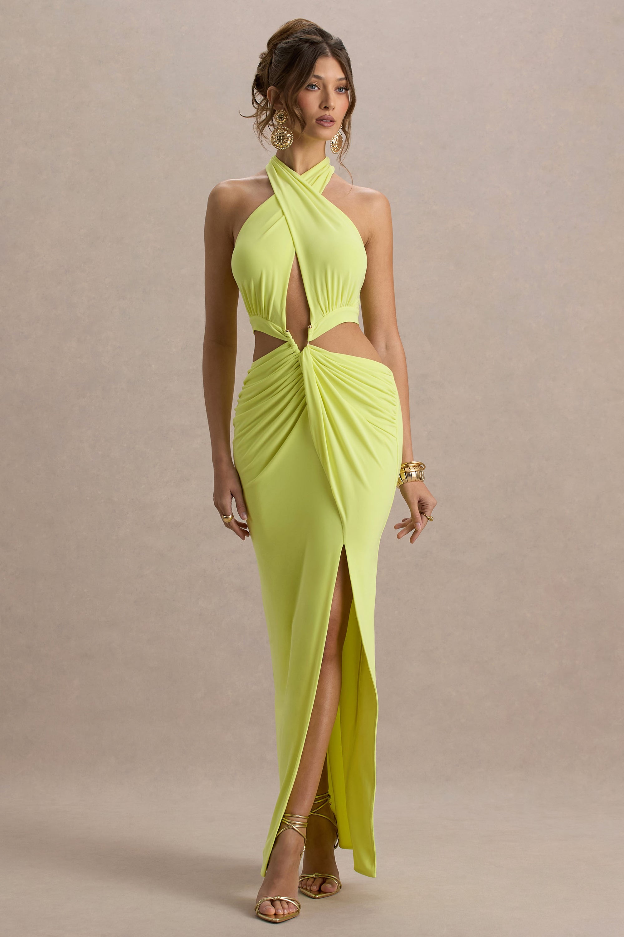 topshop halter maxi dress in green ombre Dropped waist halter maxi dress in brown and lime check