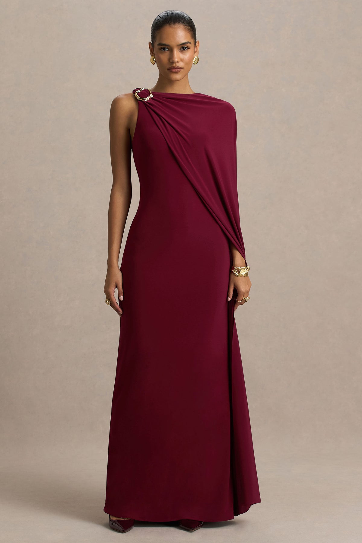 Cressida | Burgundy Asymmetric-Neck Maxi Dress With Cape And Gold Detail - UK 14 BERRY Cressida | Burgundy Asymmetric-Neck Maxi Dress With Cape And Gold Detail - UK 14 BERRY