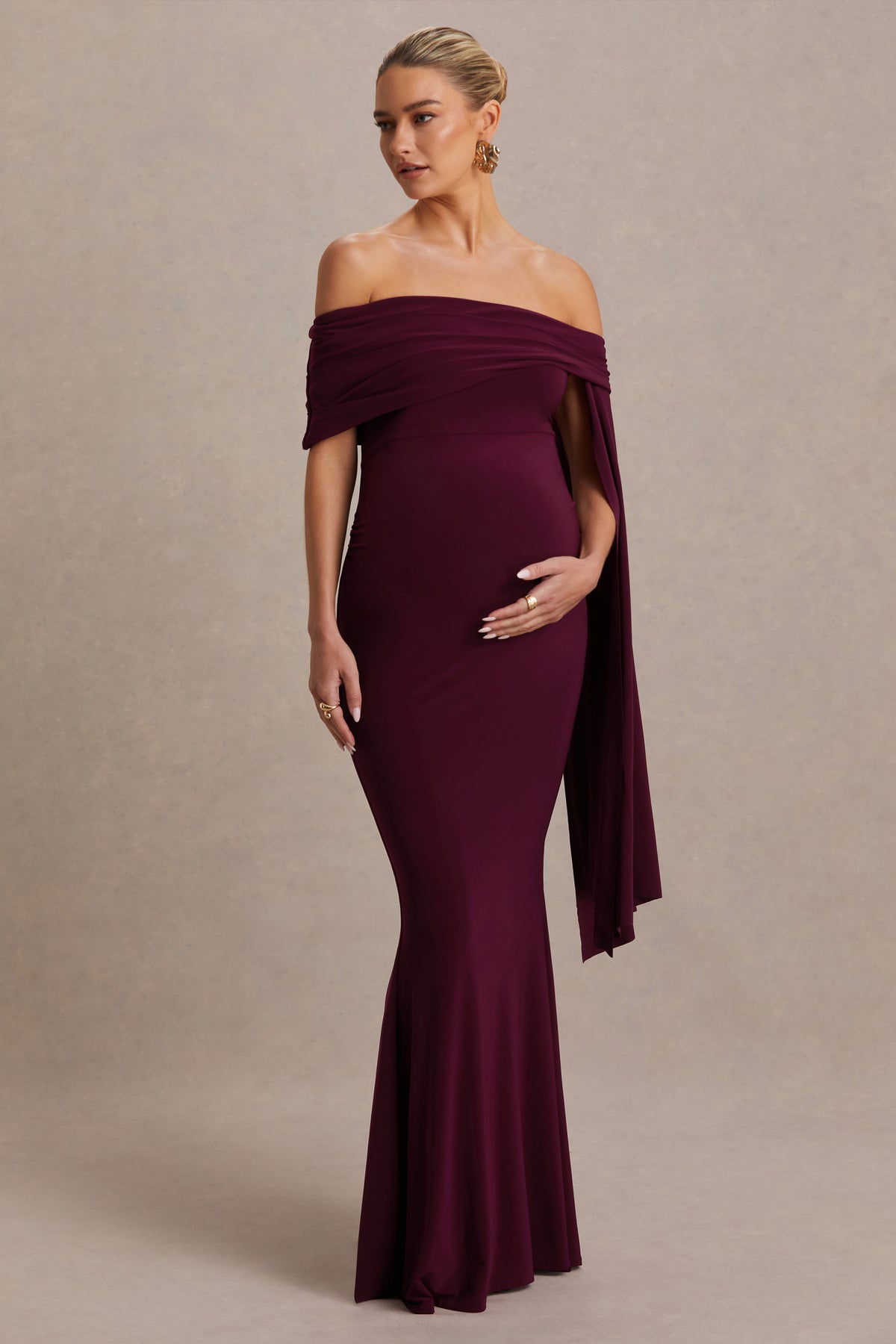 Aquila |  Burgundy Bardot Maternity Maxi Dress With Drape Sleeve
