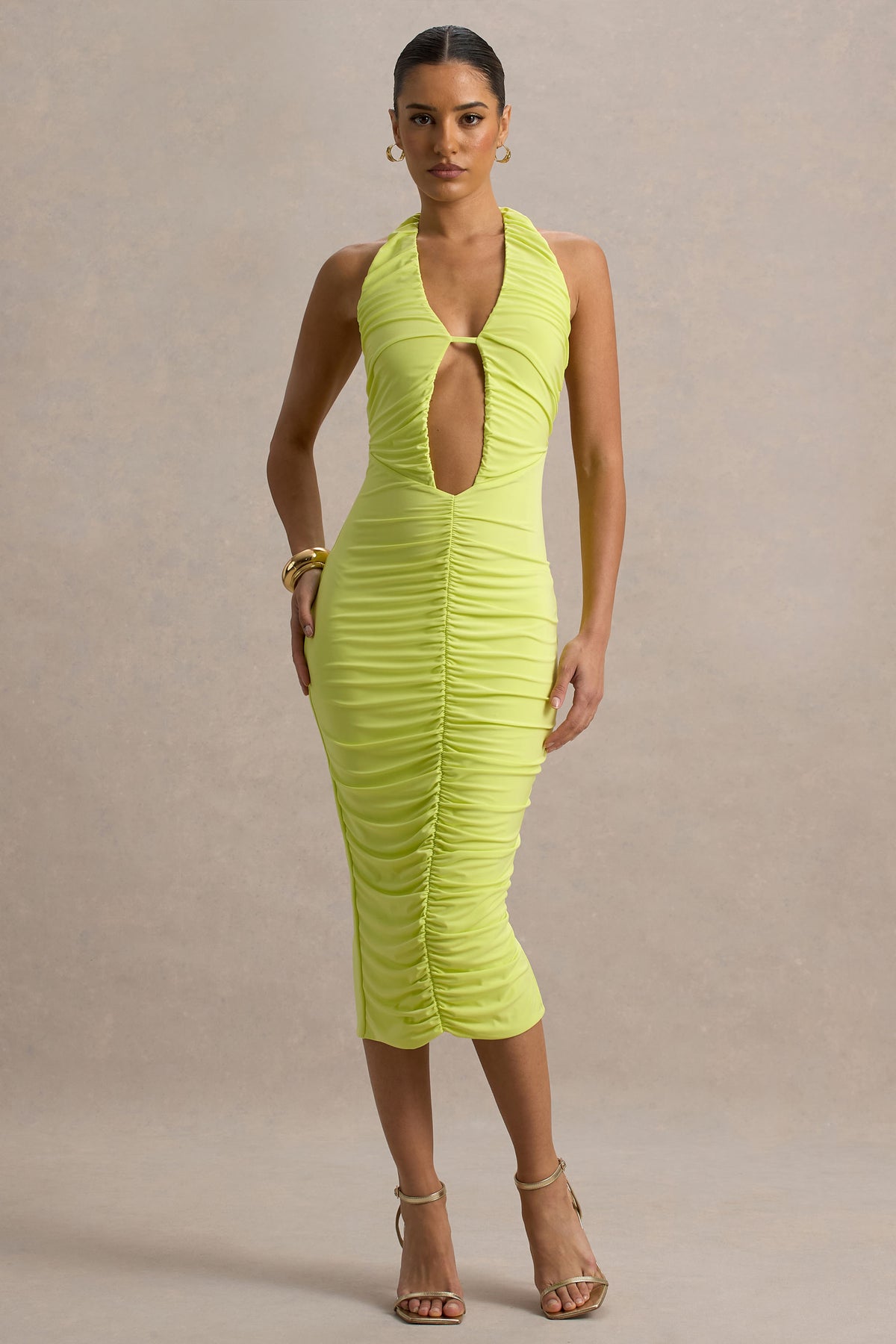 Anaisa | Lime Green Plunge Halter-Neck Midi Dress - UK 6 Sunny Lime Anaisa | Lime Green Plunge Halter-Neck Midi Dress - UK 6 Sunny Lime