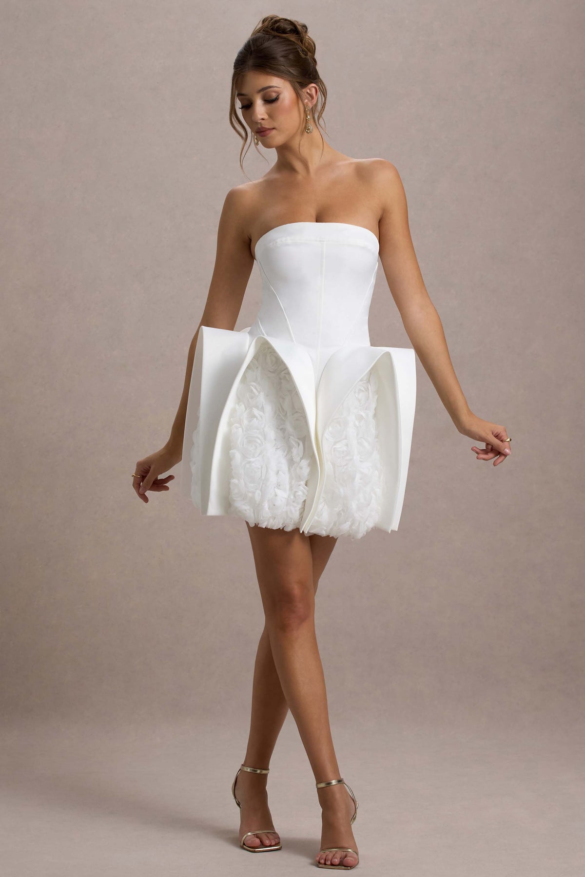 Orchid Oasis White Bandeau Mini Dress With Puff Floral Hem Club L London - USA Orchid Oasis White Bandeau Mini Dress With Puff Floral Hem Club L London - USA