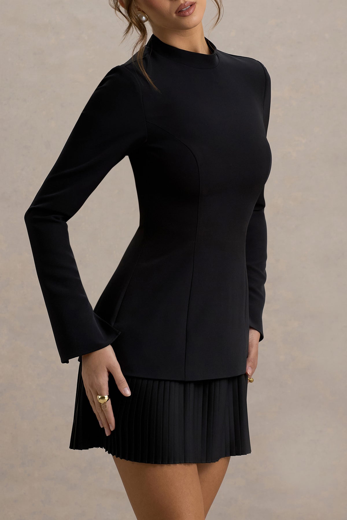 Athena Black Long-Sleeve Mini Dress With Pleated Hem Club L London - USA Athena Black Long-Sleeve Mini Dress With Pleated Hem Club L London - USA