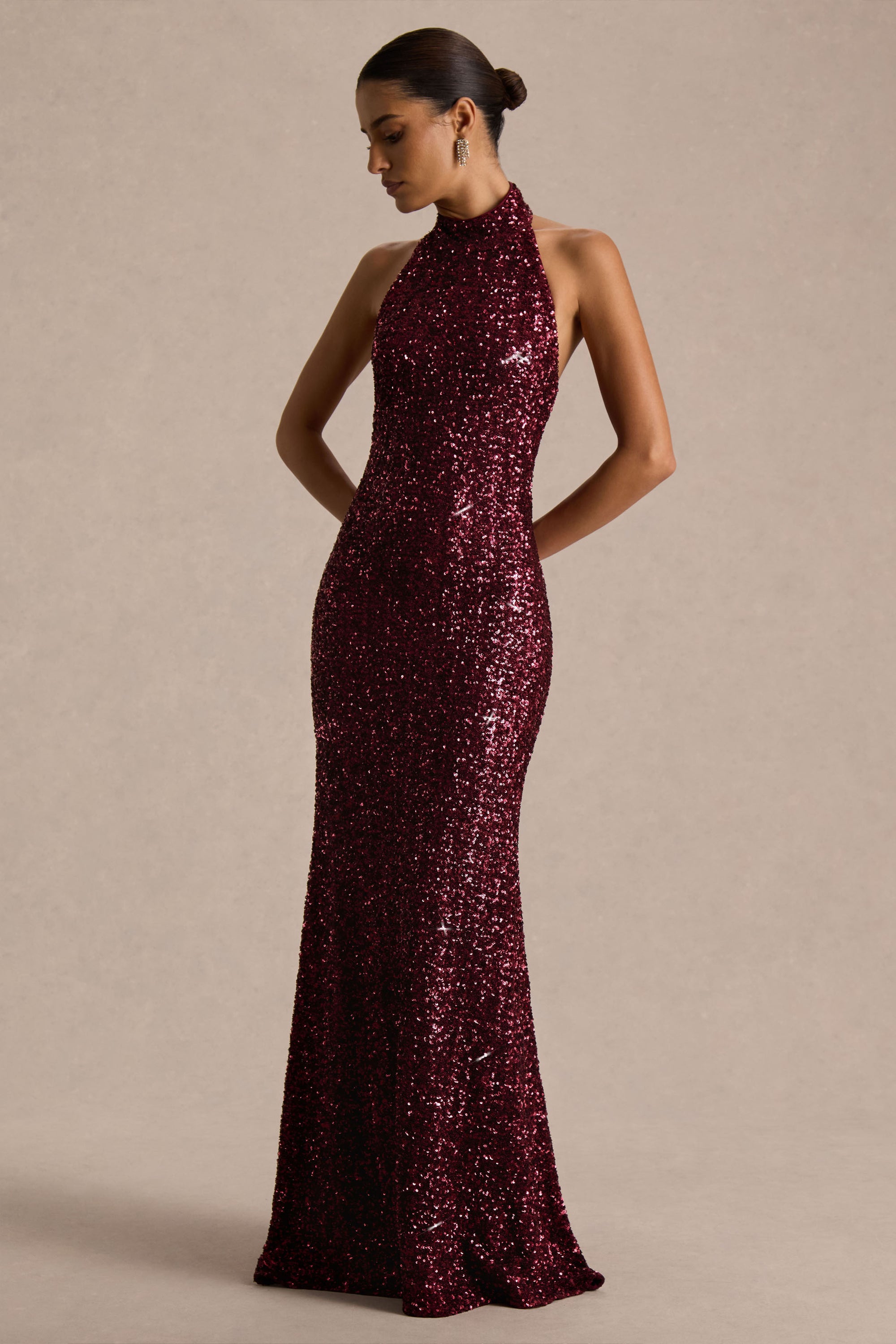 Tulia | Burgundy Sequin High-Neck Maxi Dress – Club L London