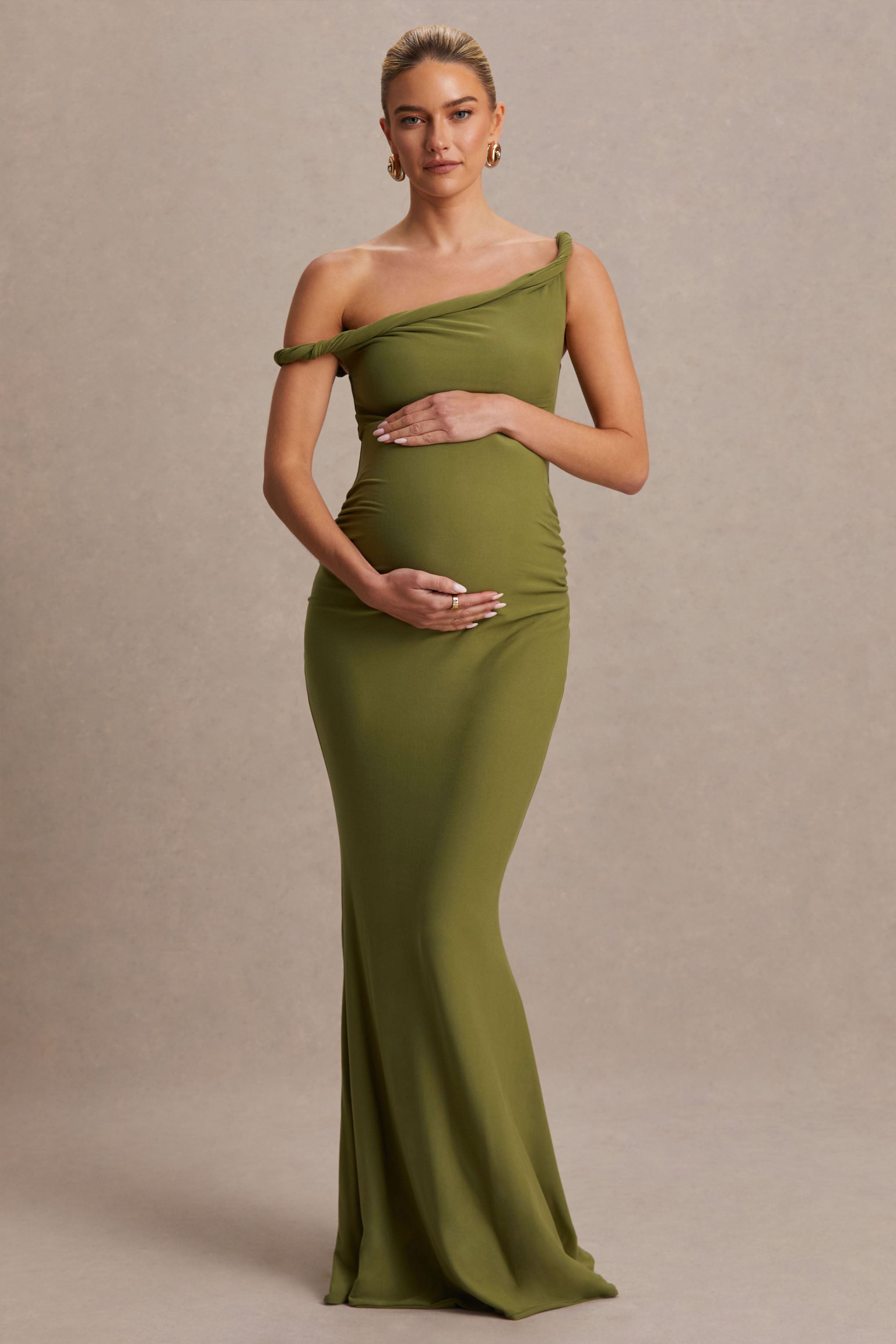 Lita | Olive Twisted Asymmetric Maternity Maxi Dress – Club L