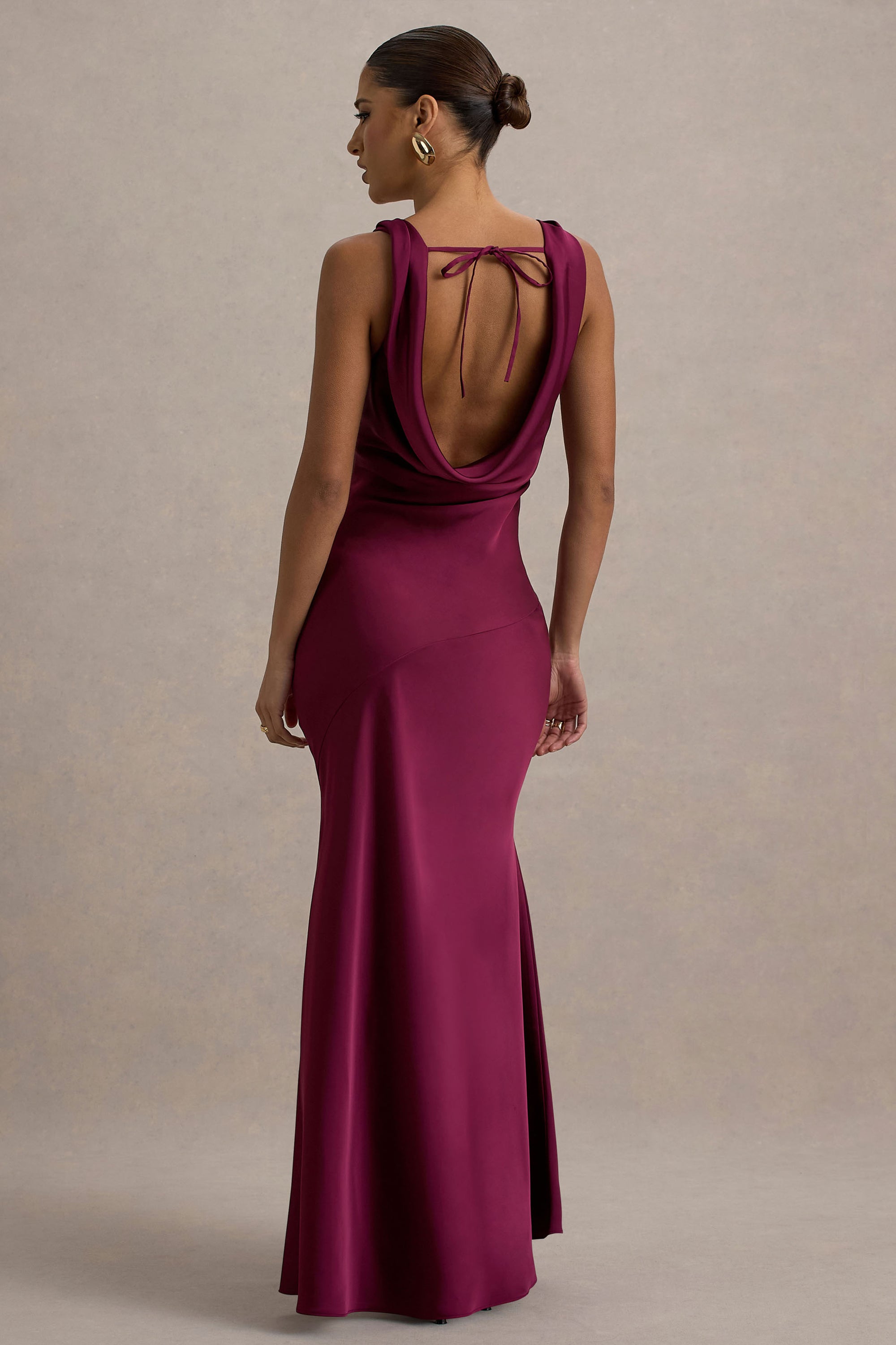 burgundy strappy satin cowl midi dress Alesso | Burgundy Satin Cowl-Neck Slip-Maxi Dress Club L London