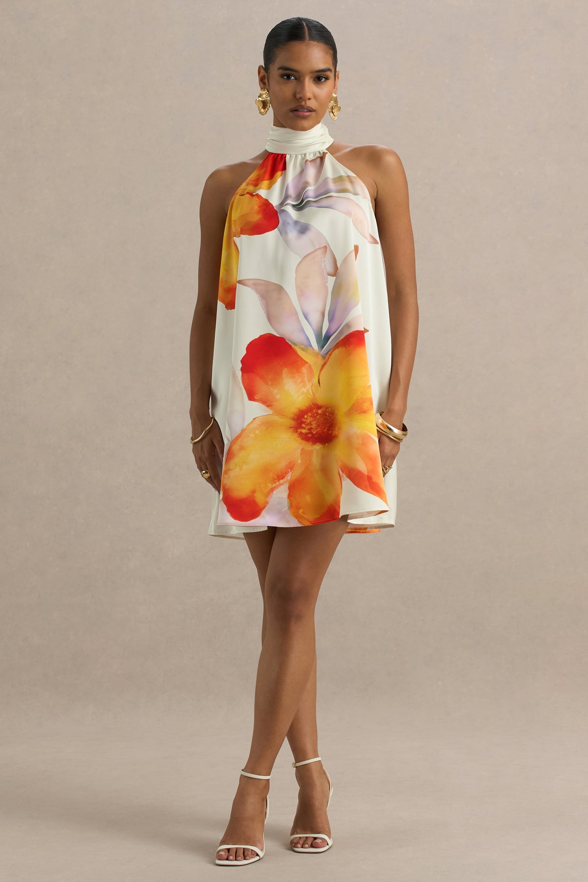 Evita | Orange Floral High-Neck Satin Mini Dress - UK 6 Orange Floral Evita | Orange Floral High-Neck Satin Mini Dress - UK 6 Orange Floral