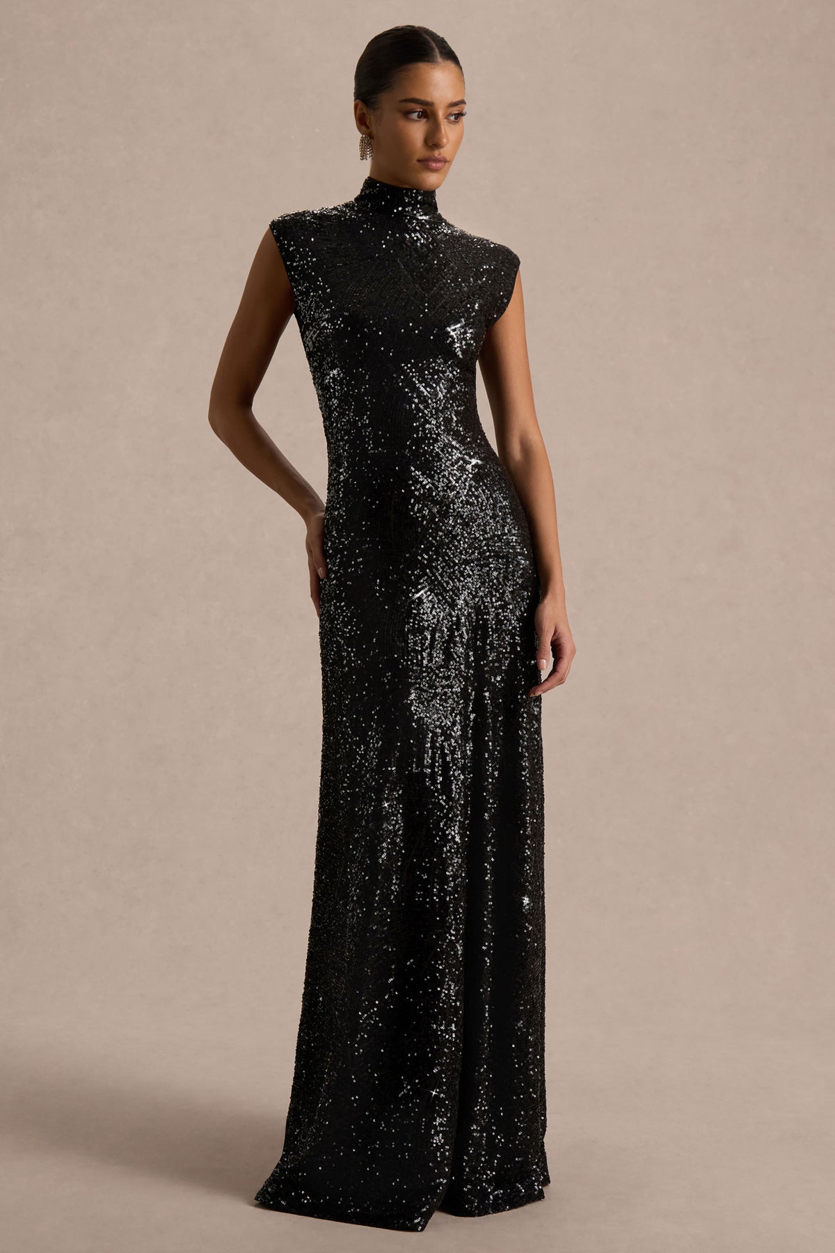 Cecy | Black Sequin High-Neck Maxi Dress With Cap Sleeves - UK 14 Black Cecy | Black Sequin High-Neck Maxi Dress With Cap Sleeves - UK 14 Black