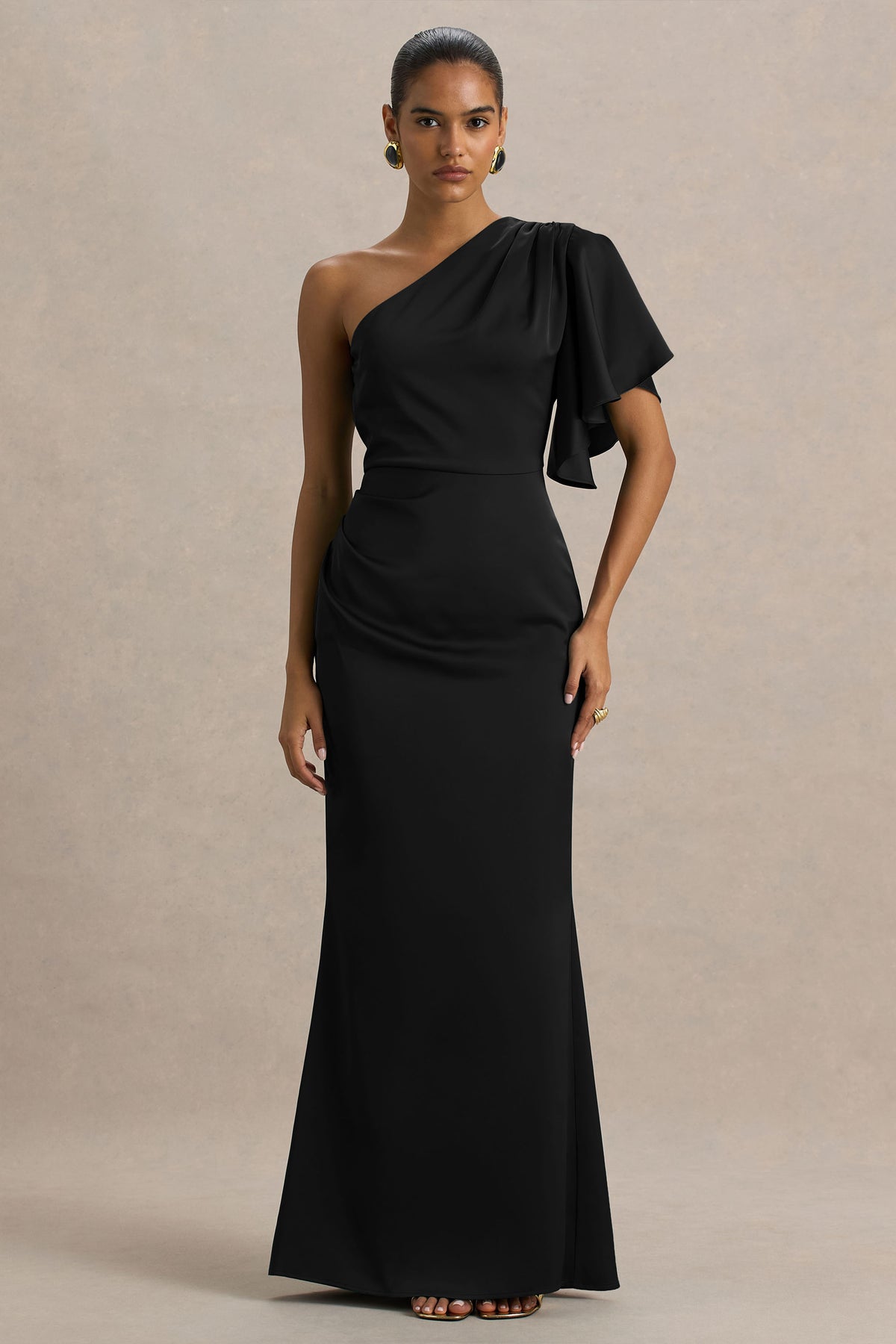 Unforgettable | Black Asymmetric-Neck Maxi Dress With Ruffled Detailing - UK 12 Black Unforgettable | Black Asymmetric-Neck Maxi Dress With Ruffled Detailing - UK 12 Black