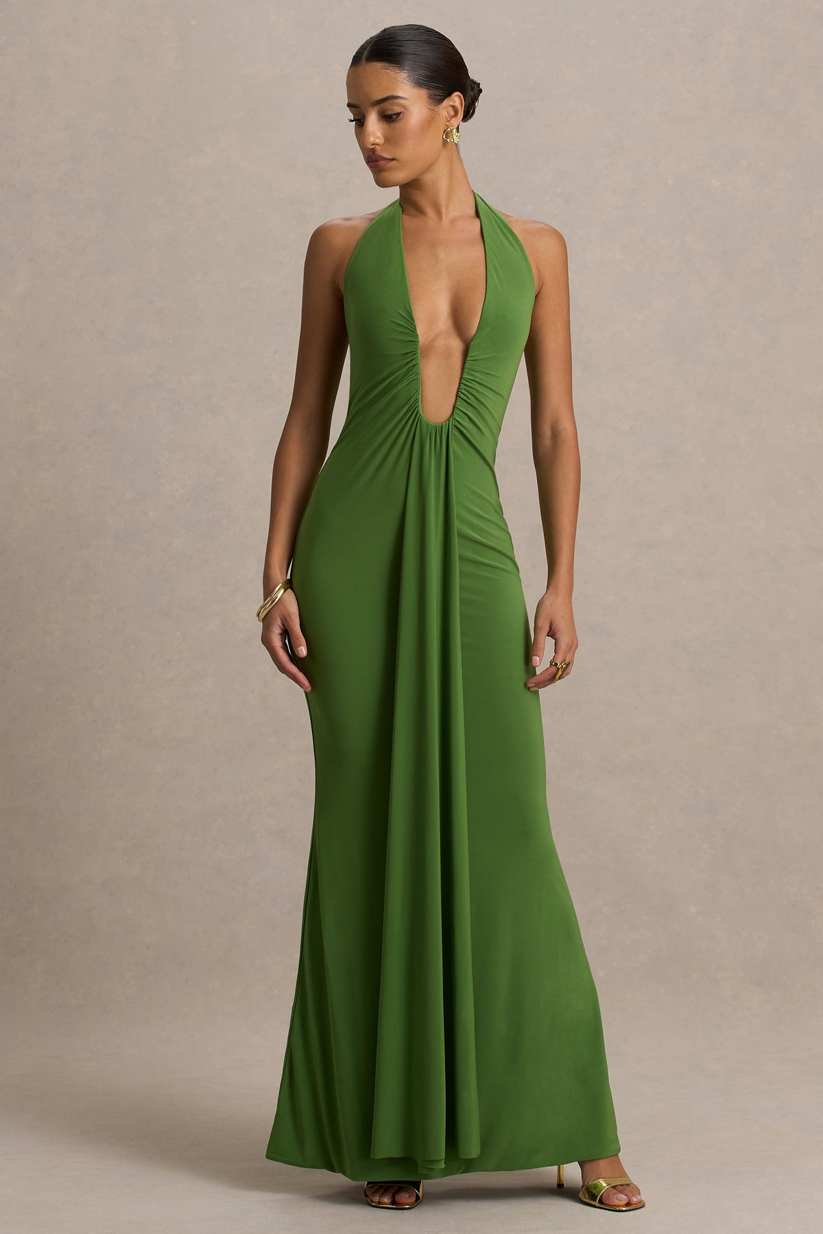 Hera Green Extreme Plunge Maxi Dress With Ruched Detail Club L London - USA Hera Green Extreme Plunge Maxi Dress With Ruched Detail Club L London - USA