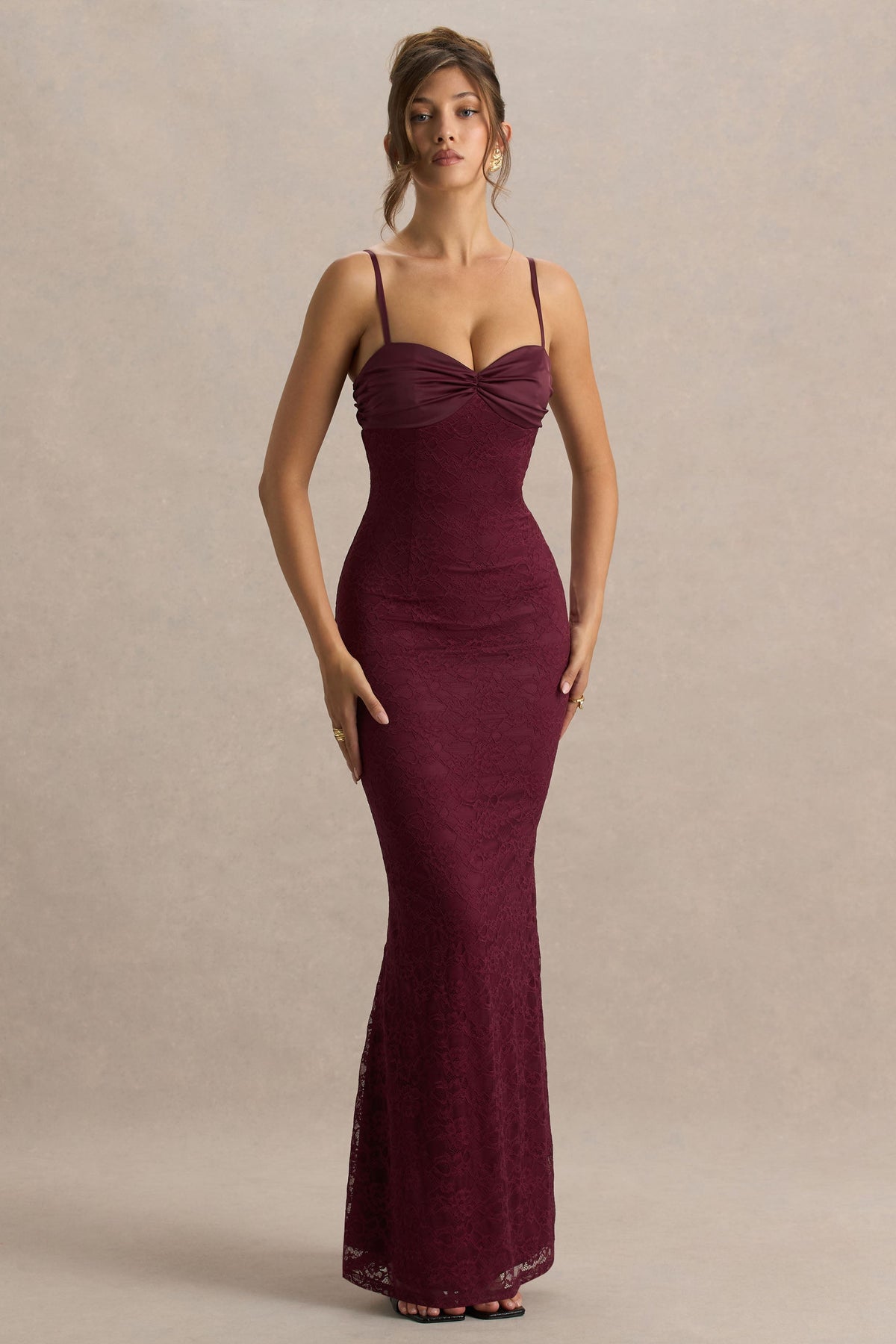 Juana | Burgundy Lace And Satin Sweetheart-Neck Satin Maxi Dress - UK 16 berry Juana | Burgundy Lace And Satin Sweetheart-Neck Satin Maxi Dress - UK 16 berry