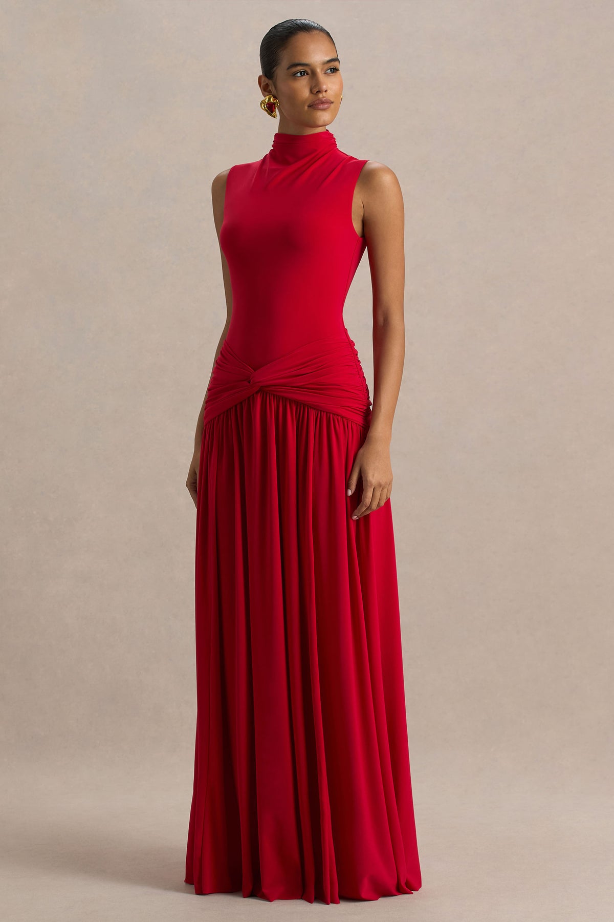 Cascade Red High-Neck Maxi Dress With Twist Detail Club L London - USA Cascade Red High-Neck Maxi Dress With Twist Detail Club L London - USA