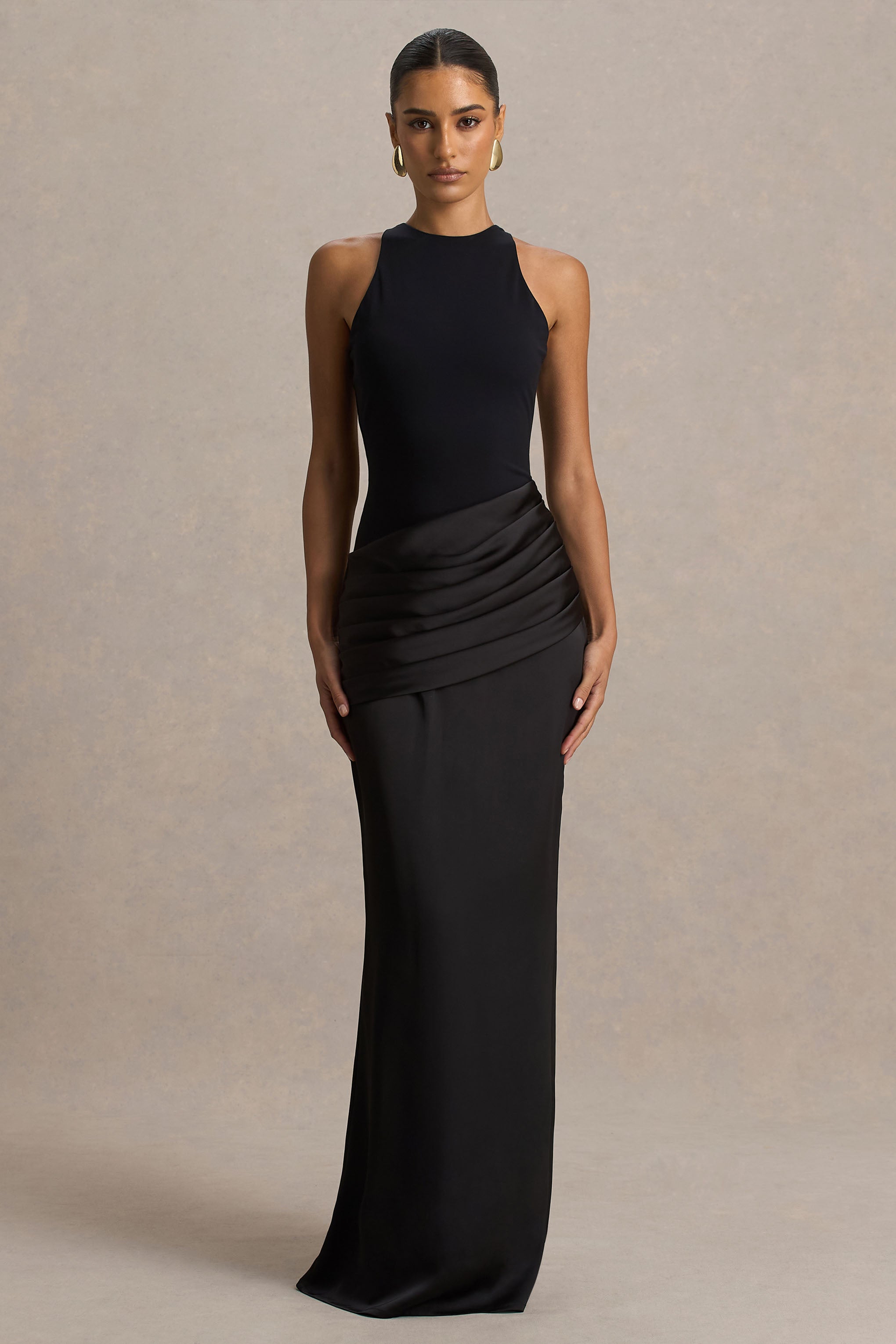 Akari | Black Crew-Neck Maxi Dress With Satin Skirt – Club L