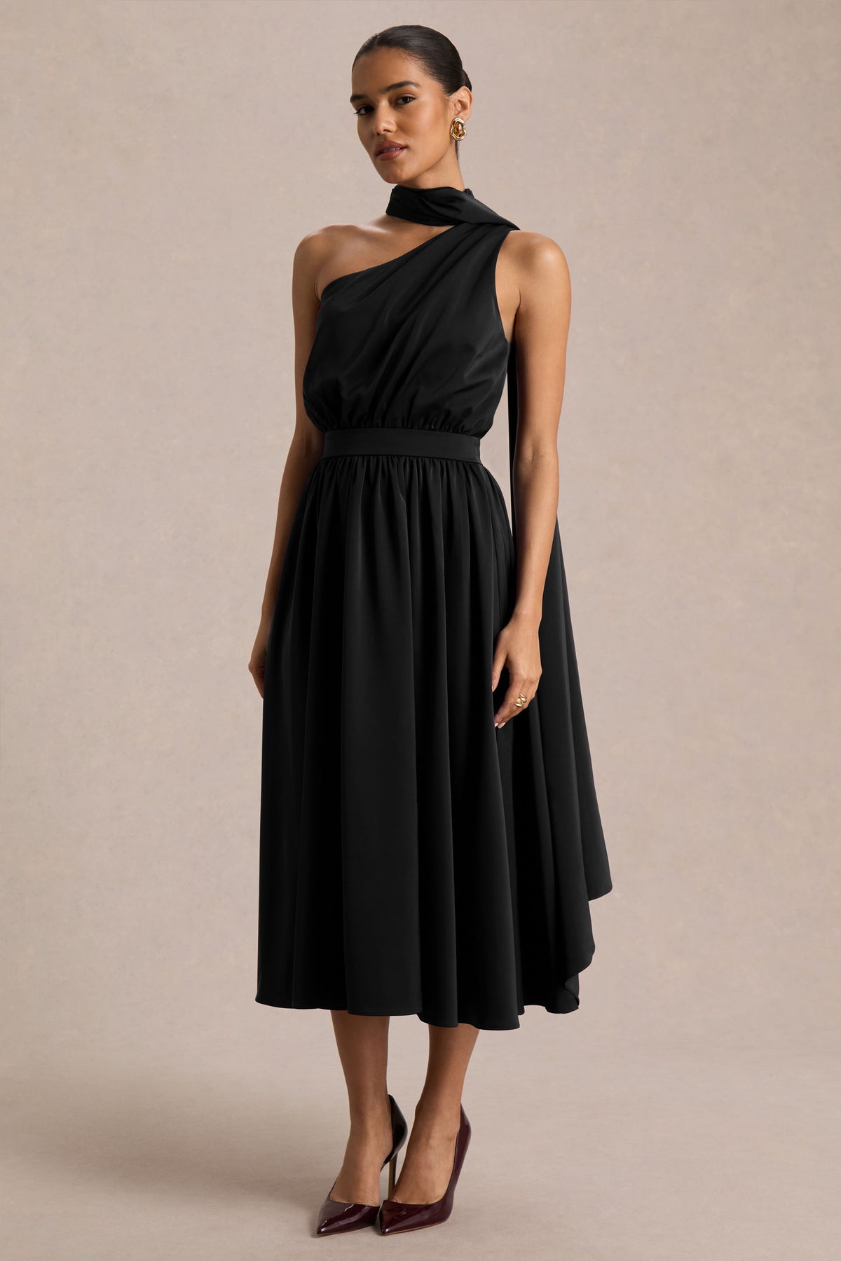 Caluna Black Satin Asymmetric-Neck Midi Dress With Scarf-Detail Club L London - USA Caluna Black Satin Asymmetric-Neck Midi Dress With Scarf-Detail Club L London - USA