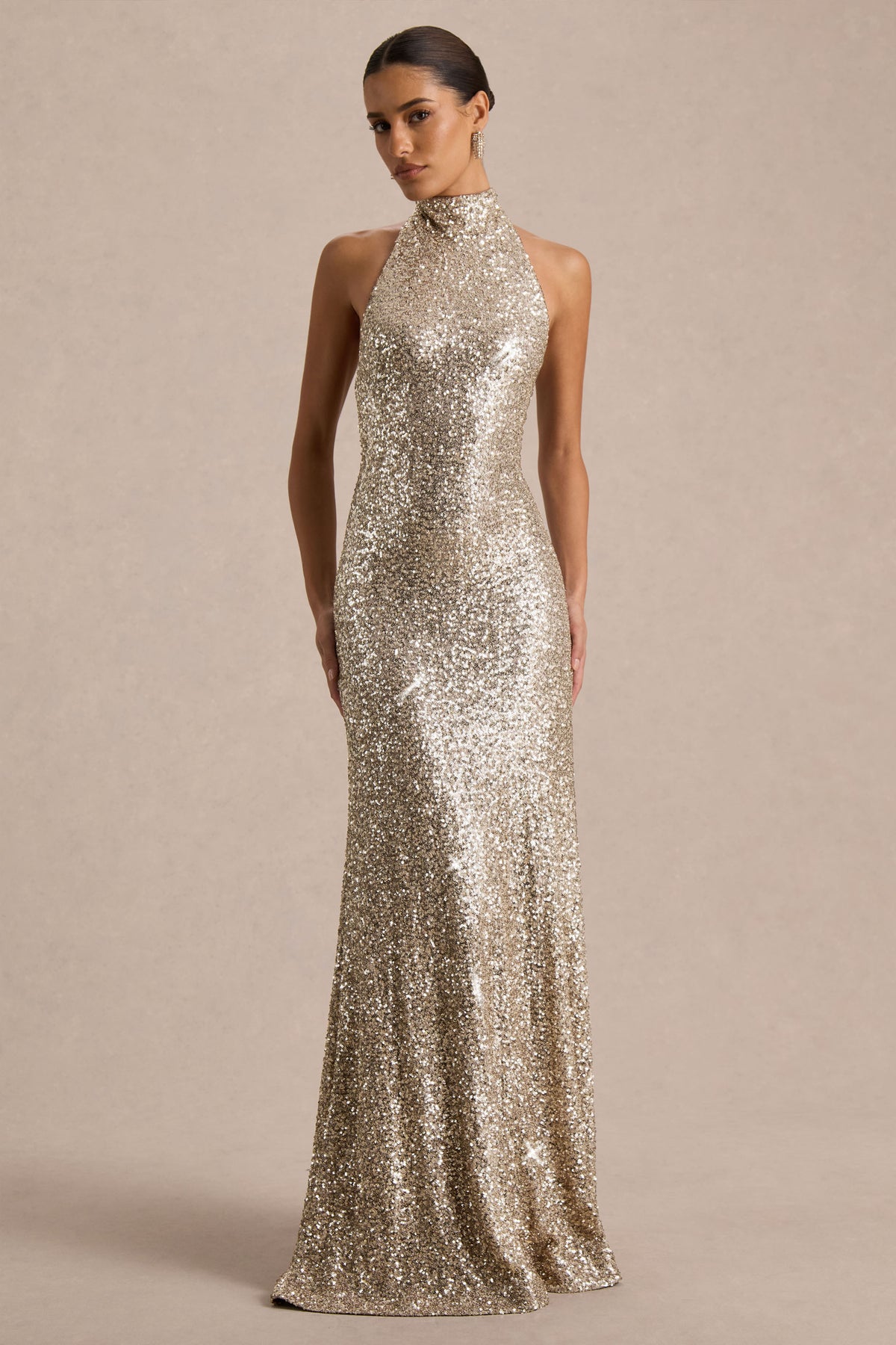 Tulia Gold Sequin High-Neck Maxi Dress Club L London - USA Tulia Gold Sequin High-Neck Maxi Dress Club L London - USA