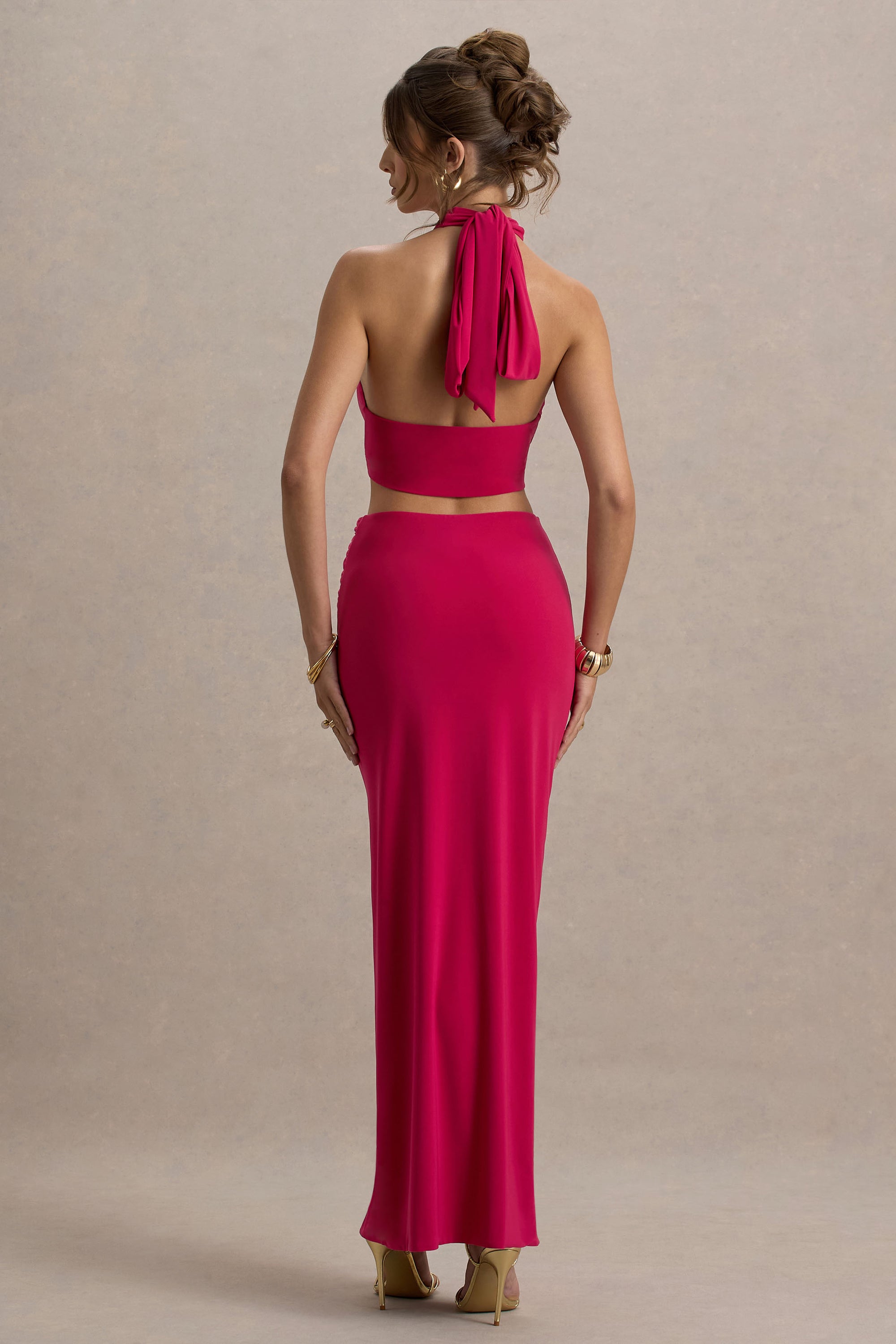 Aura | Hot Pink Halter-Neck Cut-Out Split Maxi Dress – Club L London