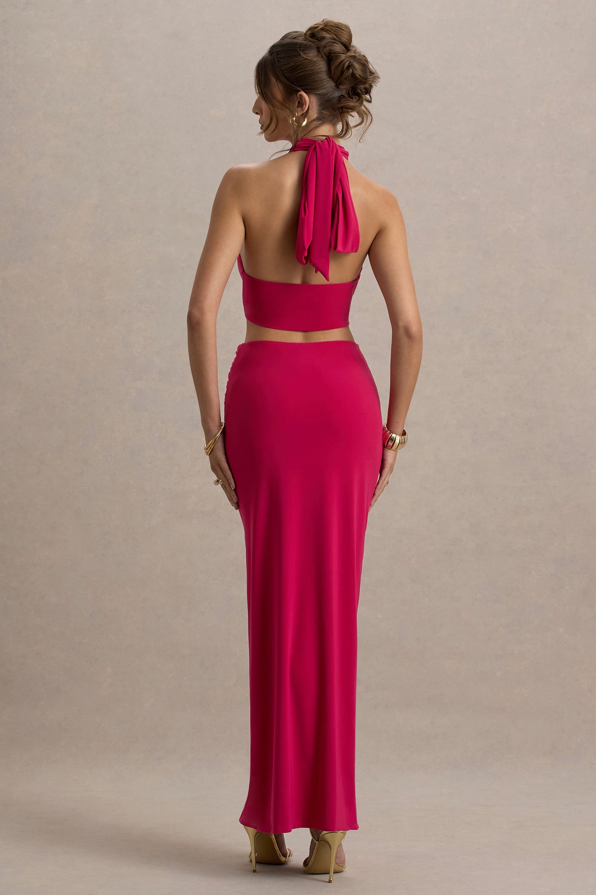 Aura Hot Pink Halter-Neck Cut-Out Split Maxi Dress Club L London - USA Aura Hot Pink Halter-Neck Cut-Out Split Maxi Dress Club L London - USA