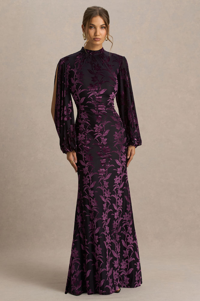 Janet Black And Purple Devore High-Neck Maxi Dress With Cut-Out Deta – Club L London Janet Black And Purple Devore High-Neck Maxi Dress With Cut-Out Deta – Club L London