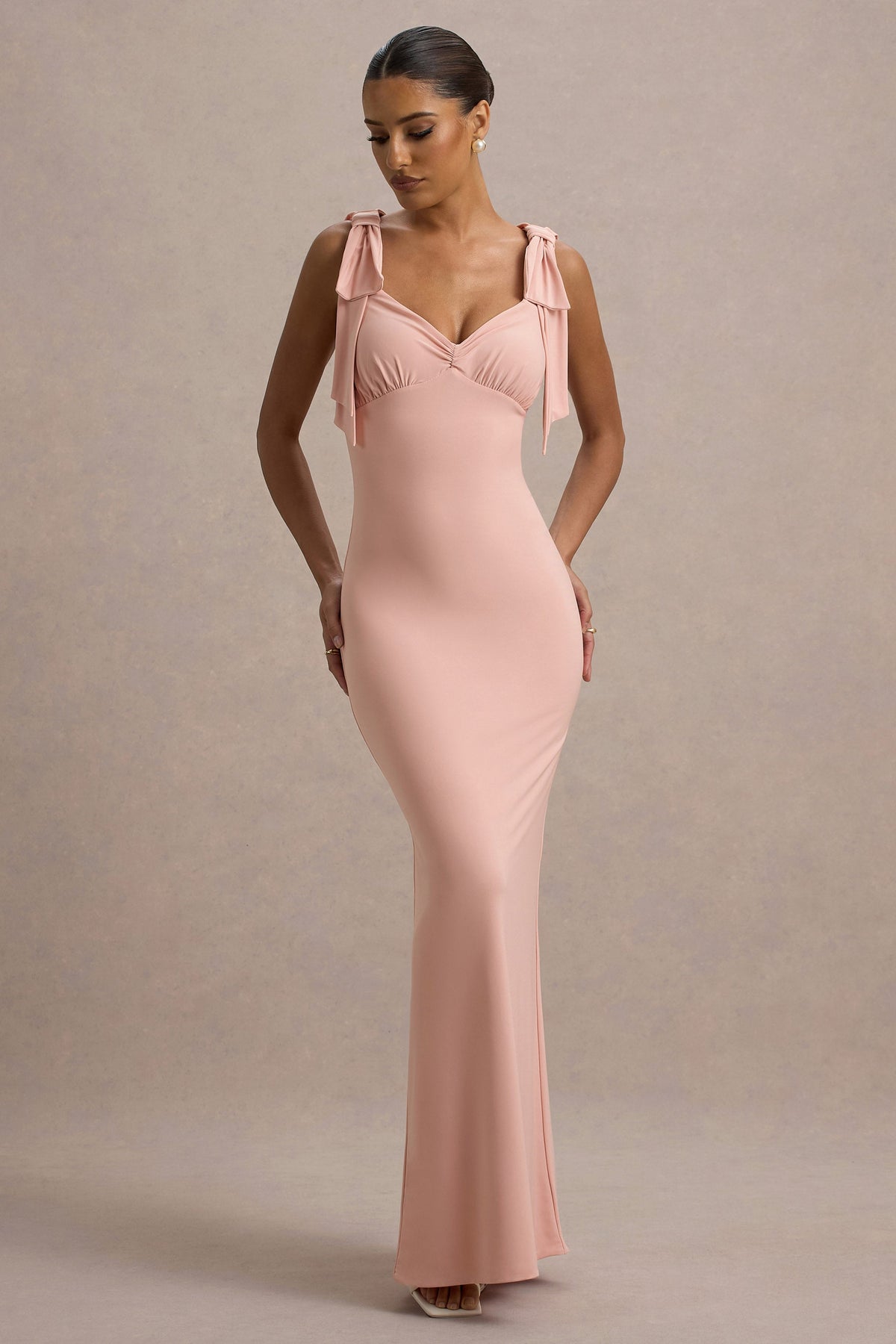 Evanna Pink V-Neck Maxi Dress With Bow Straps Club L London - USA Evanna Pink V-Neck Maxi Dress With Bow Straps Club L London - USA