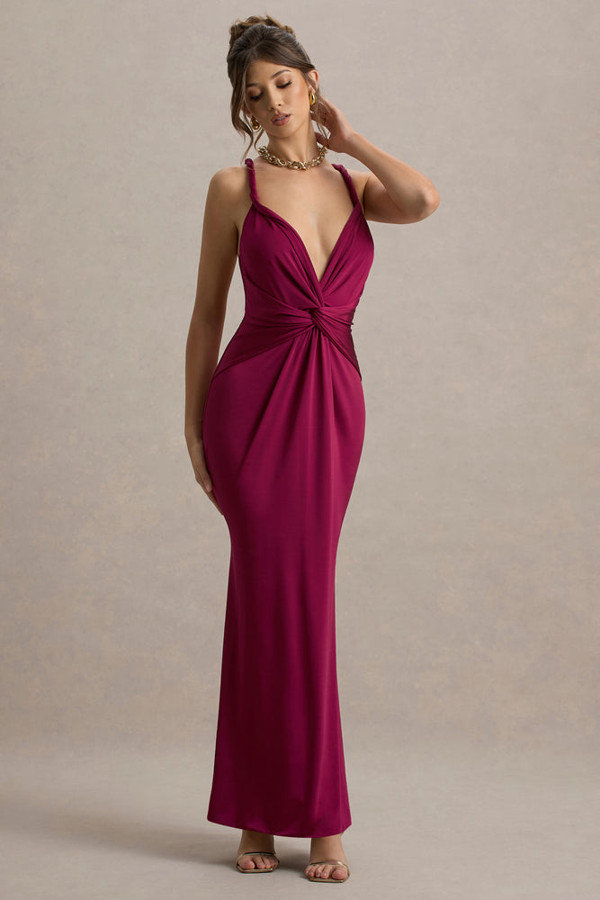 Santez Dark Cherry Twisted Plunge-Neck Maxi Dress – Club L