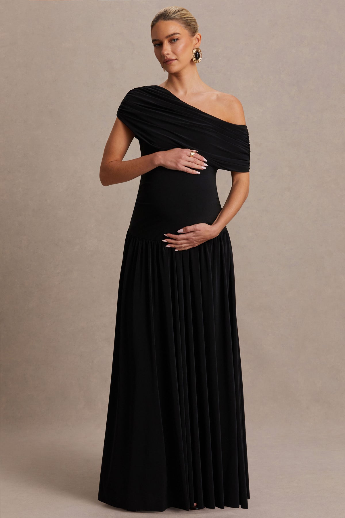 Noah | Black Asymmetric-Neck Maternity Maxi Dress With Drop-Waist - UK 12 Black Noah | Black Asymmetric-Neck Maternity Maxi Dress With Drop-Waist - UK 12 Black