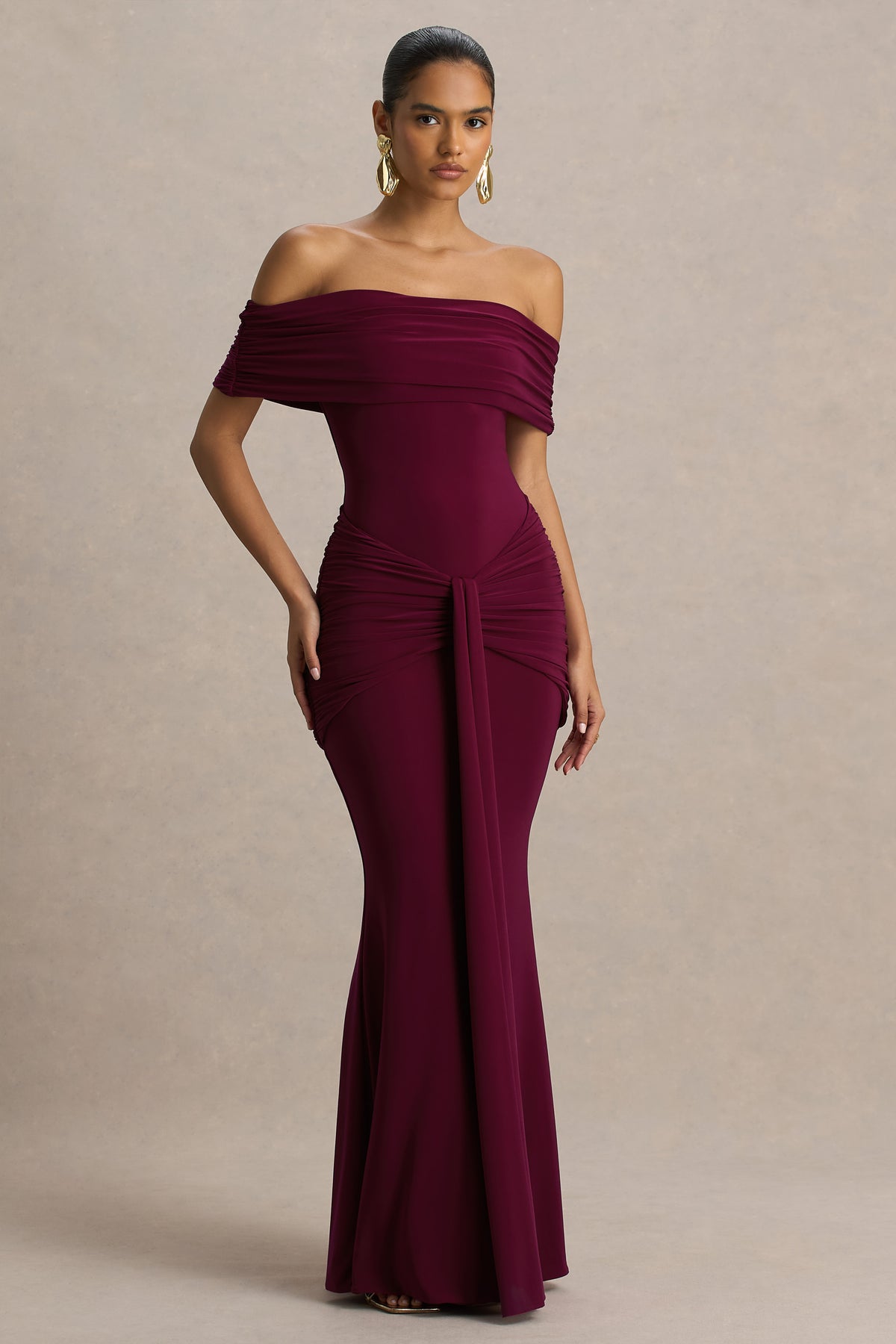 Envisioned Burgundy Bardot-Neck Maxi Dress With Gathered And Drape D Club L London - USA Envisioned Burgundy Bardot-Neck Maxi Dress With Gathered And Drape D Club L London - USA