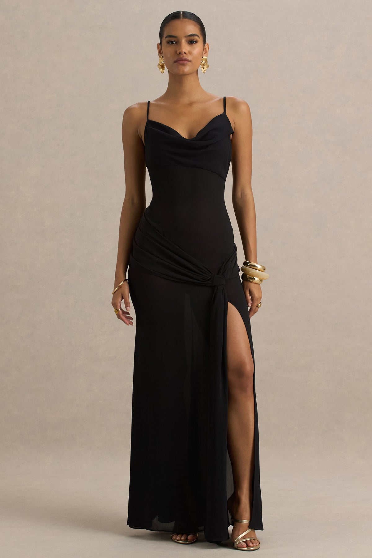 Virtue Black Cowl-Neck Fishtail Maxi Dress With Split Club L London - USA Virtue Black Cowl-Neck Fishtail Maxi Dress With Split Club L London - USA