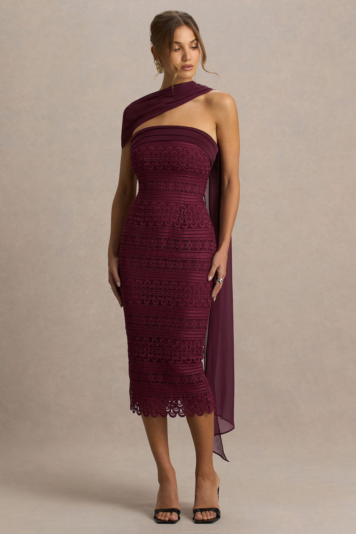 Secret Burgundy Bandeau Lace Midi Dress With Scarf Detail – Club L London Secret Burgundy Bandeau Lace Midi Dress With Scarf Detail – Club L London