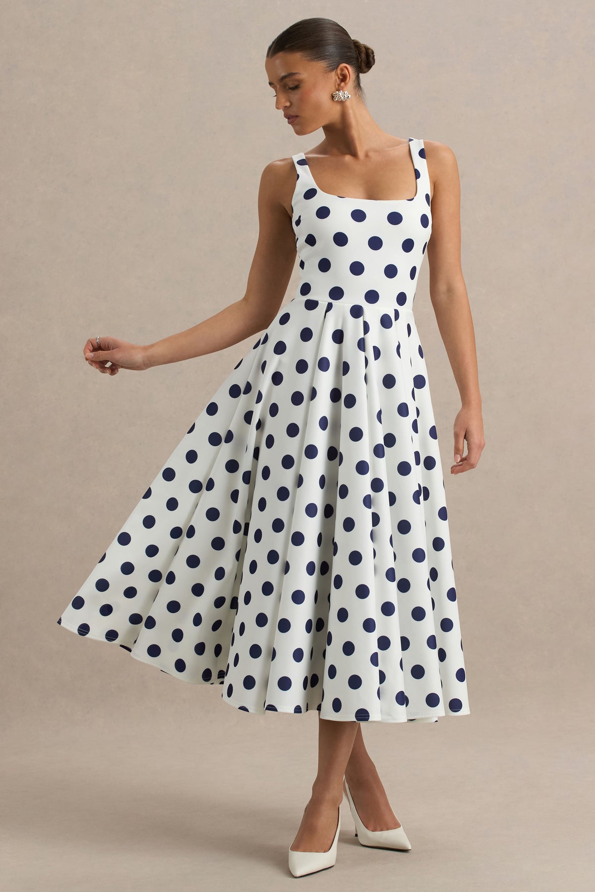 Berta White And Navy Polka-Dot Square-Neck Midi Dress Club L London - USA Berta White And Navy Polka-Dot Square-Neck Midi Dress Club L London - USA