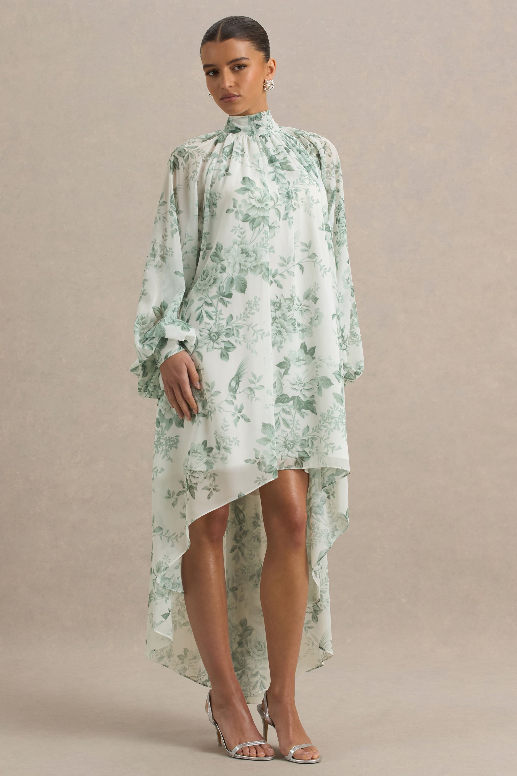 floral high neck long sleeve dress Floral Print Maxi Dress in Blush Pink With High Neckline| Oh Pretty Blush Pink / L