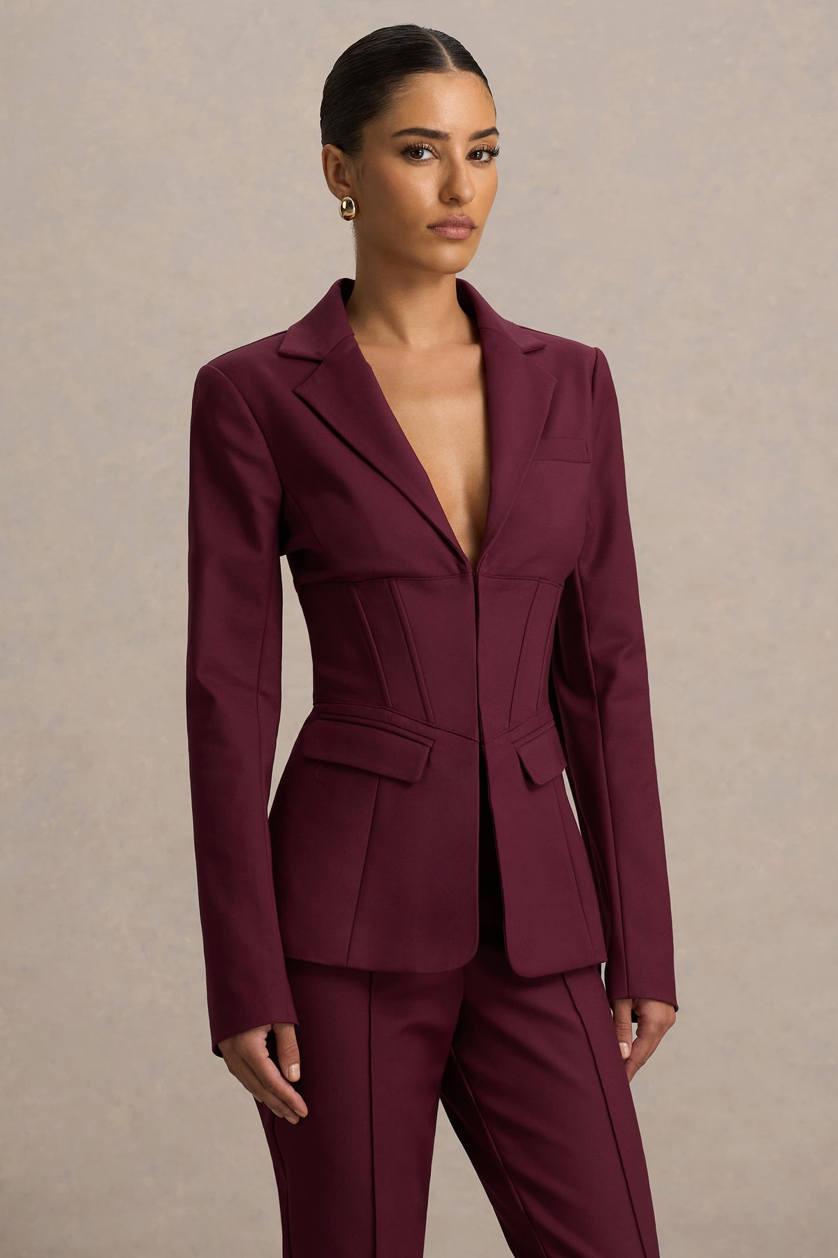 Unbeaten Burgundy Fitted Corset Blazer Jacket Club L London - USA Unbeaten Burgundy Fitted Corset Blazer Jacket Club L London - USA