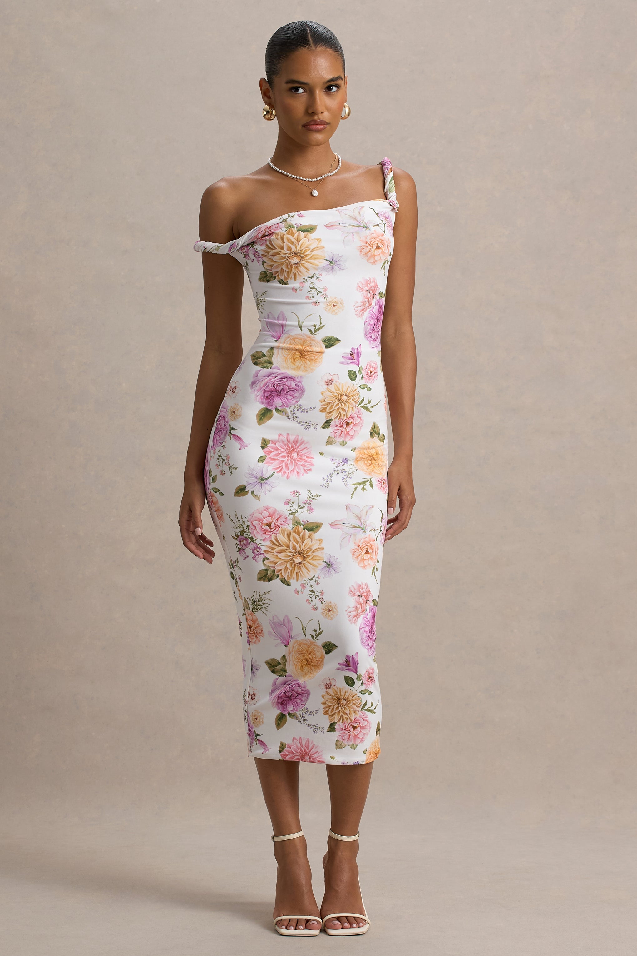 Nora | Peach And Lilac Floral Twisted Asymmetric Midi Dress – Club